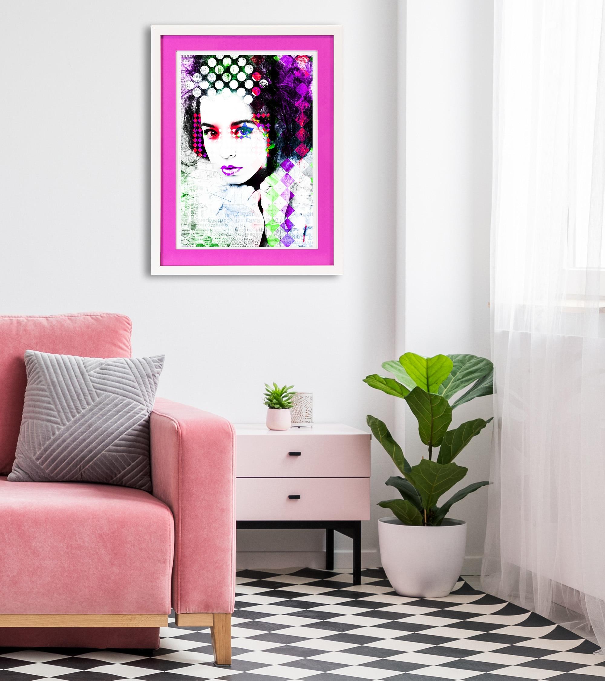 Bild mit Rahmen QUEENCE "Frau, Abstrakt, Bunt", pink (farbe rahmen: weiß, farbe bild(er): pink), B:30cm H:40cm T:2cm, Acrylglas, Holz, Bilder, Bild mit Rahmen, Poster mit buntem Acrylglas Passepartout
