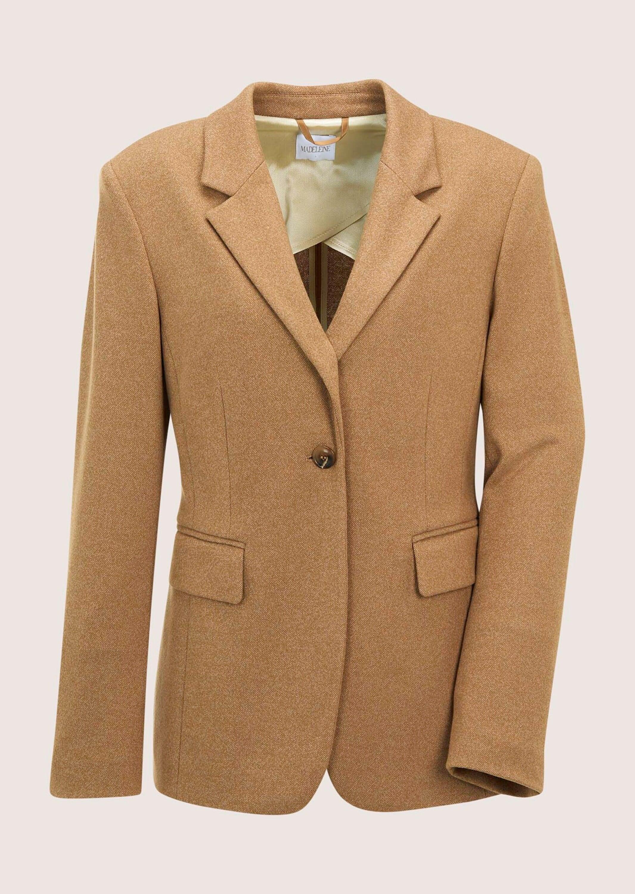 Jackenblazer MADELEINE "Jerseyblazer Eleganter Businessblazer mit Reverskragen", Damen, Gr. 36, beige (caramel, melange), Obermaterial: 41% Polyester PES. 36% Viskose CV. 19% Baumwolle CO. 2% Elasthan EL. 2% sonstige Fasern AF., Modern, Blazer Jackenblazer, Jersey-Qualität