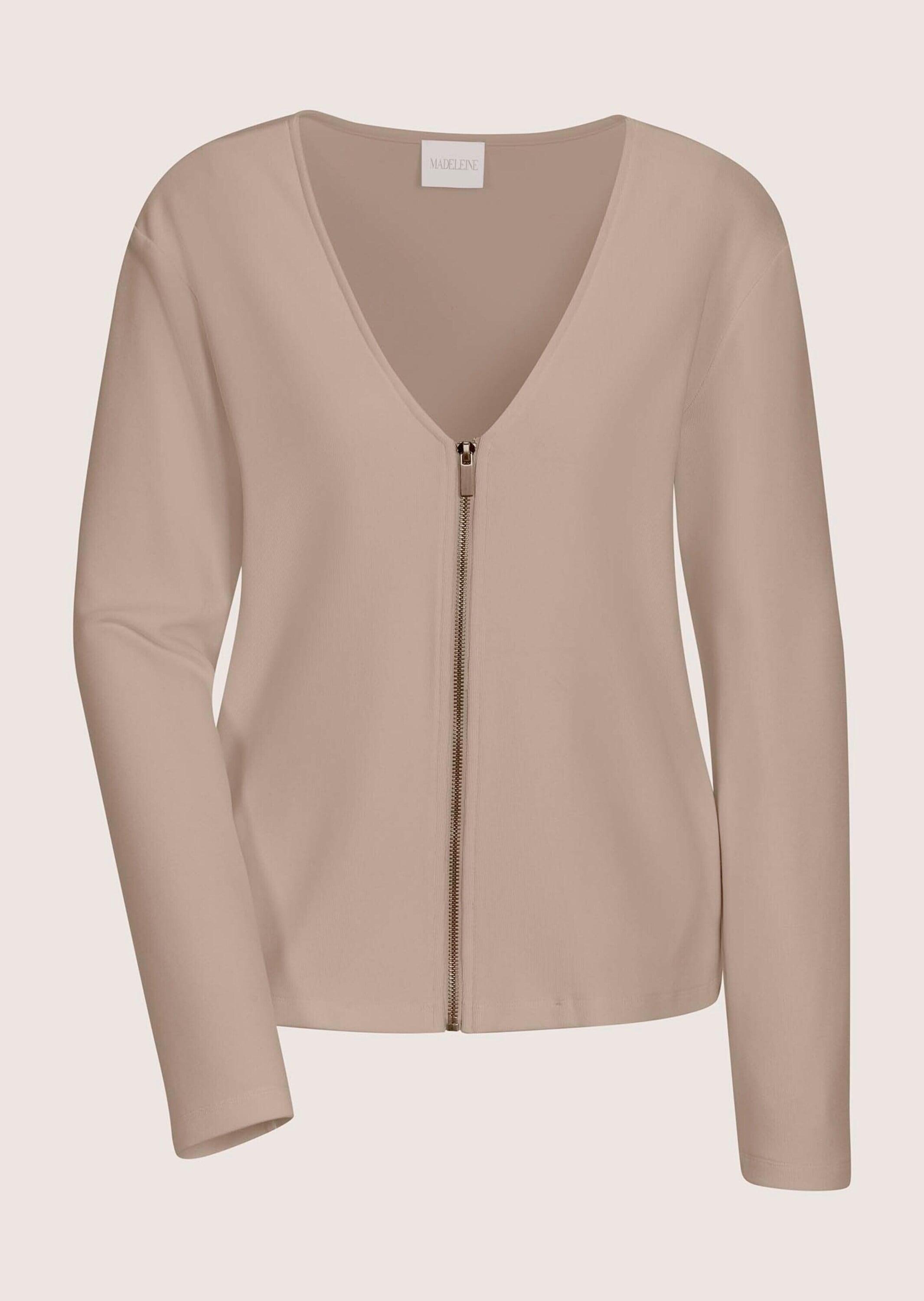 Langarmshirt MADELEINE "Shirtjacke Elegante Viskosejacke mit Reißverschluss", Damen, Gr. 36, beige (berber), Obermaterial: 70% Viskose CV. 25% Polyester PES. 5% Elasthan EL., Modern, V-Ausschnitt, Shirts Langarmshirt, Durchgehender Reißverschluss