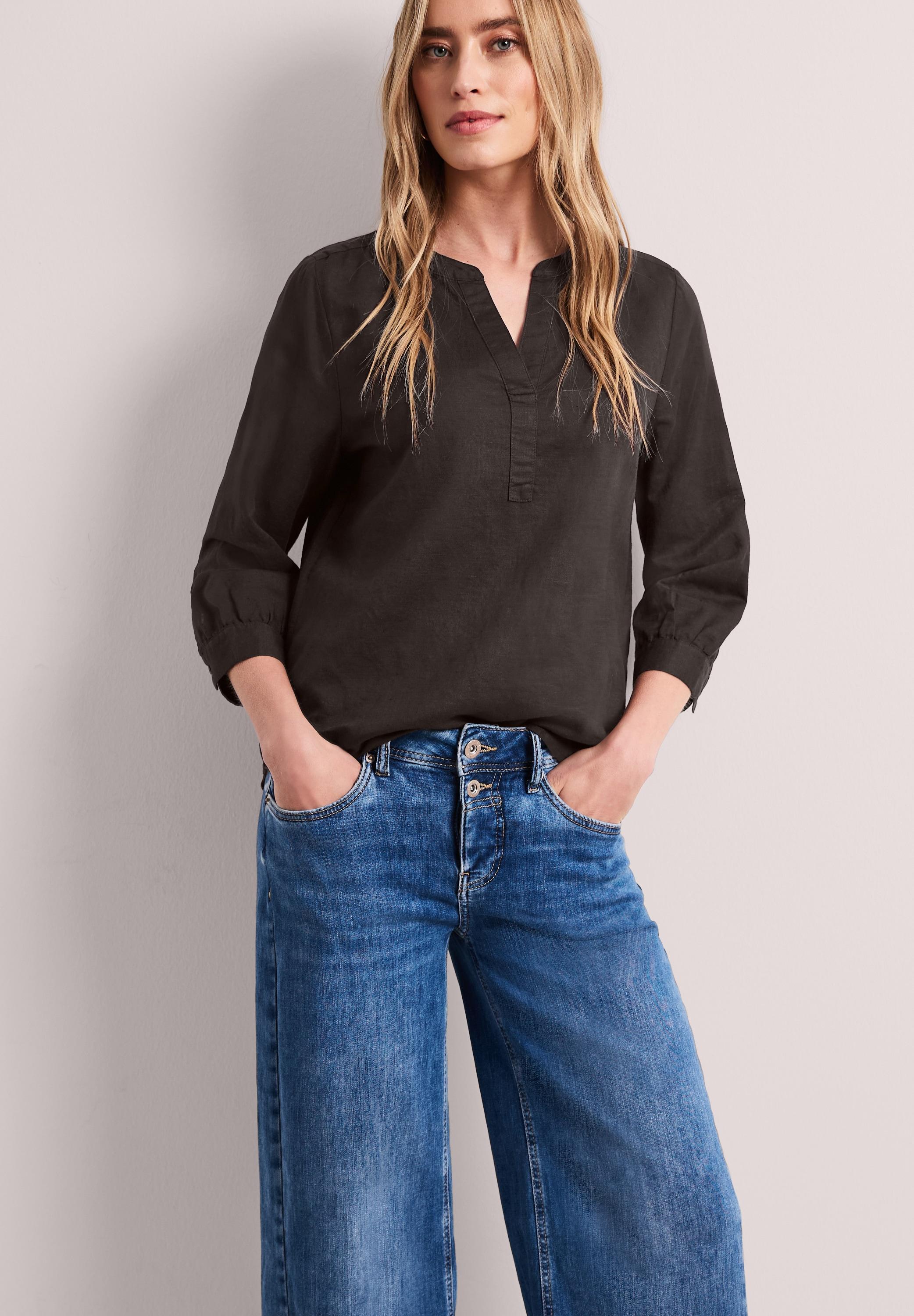Langarmbluse Street One, Damen, Gr. 40, Schwarz (Espresso Braun), Web, 60% Leinen, 40% Baumwolle, Unifarben, Normal Normal, Rundhals, BüNdchen, Blusen, Mit Leinenanteil