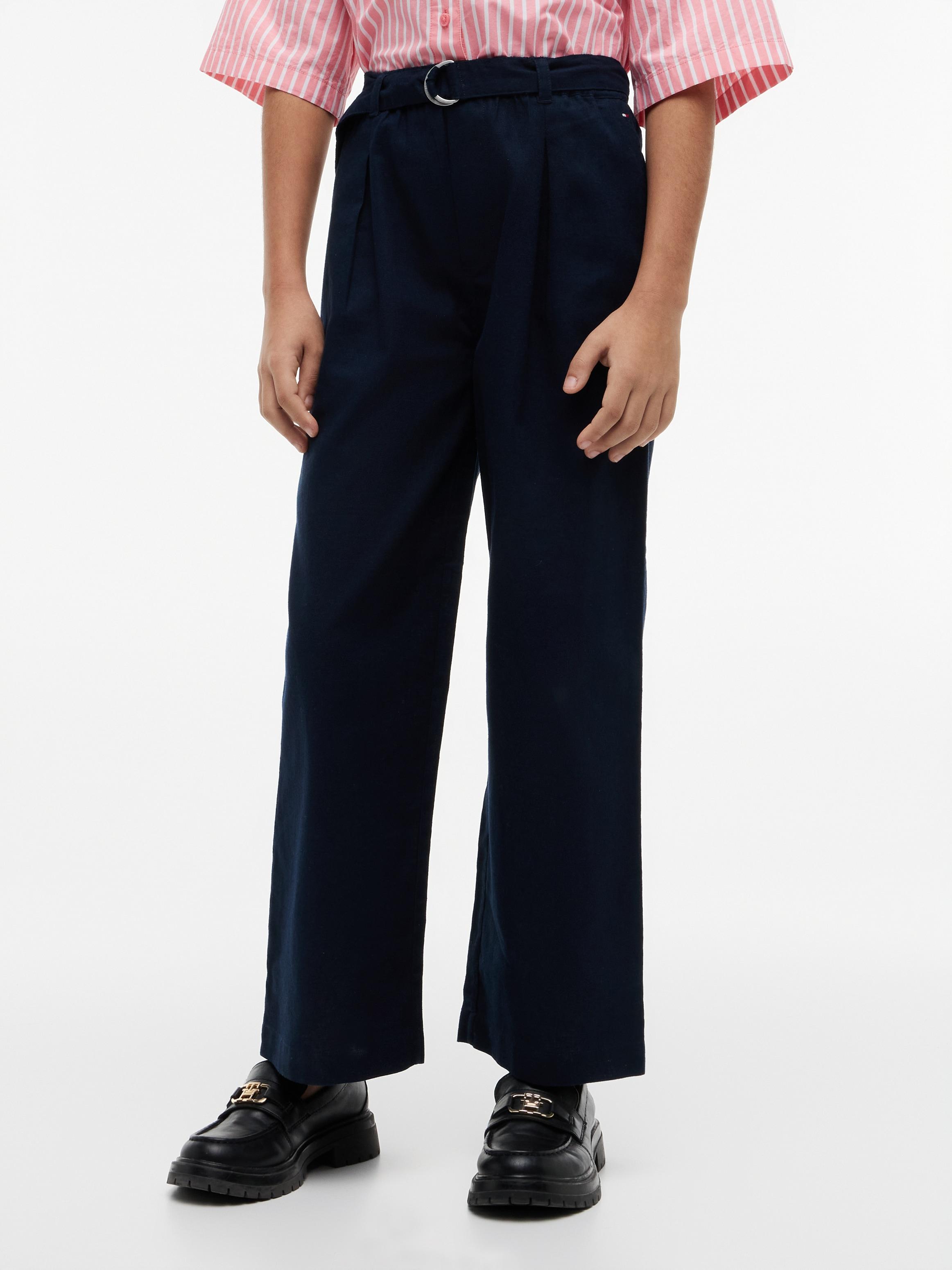 Bundfaltenhose TOMMY HILFIGER "PLEATED LINEN PANT BELT", Mädchen, Gr. 7 (122), N-Gr, schwarz night navy, Leinenmischung, Obermaterial: 55% Leinen, 45% Baumwolle, unifarben, loose fit lang, Hosen Bundfaltenhose, Kinder bis 16 Jahre, Leinen-Mix, mit Gürtel