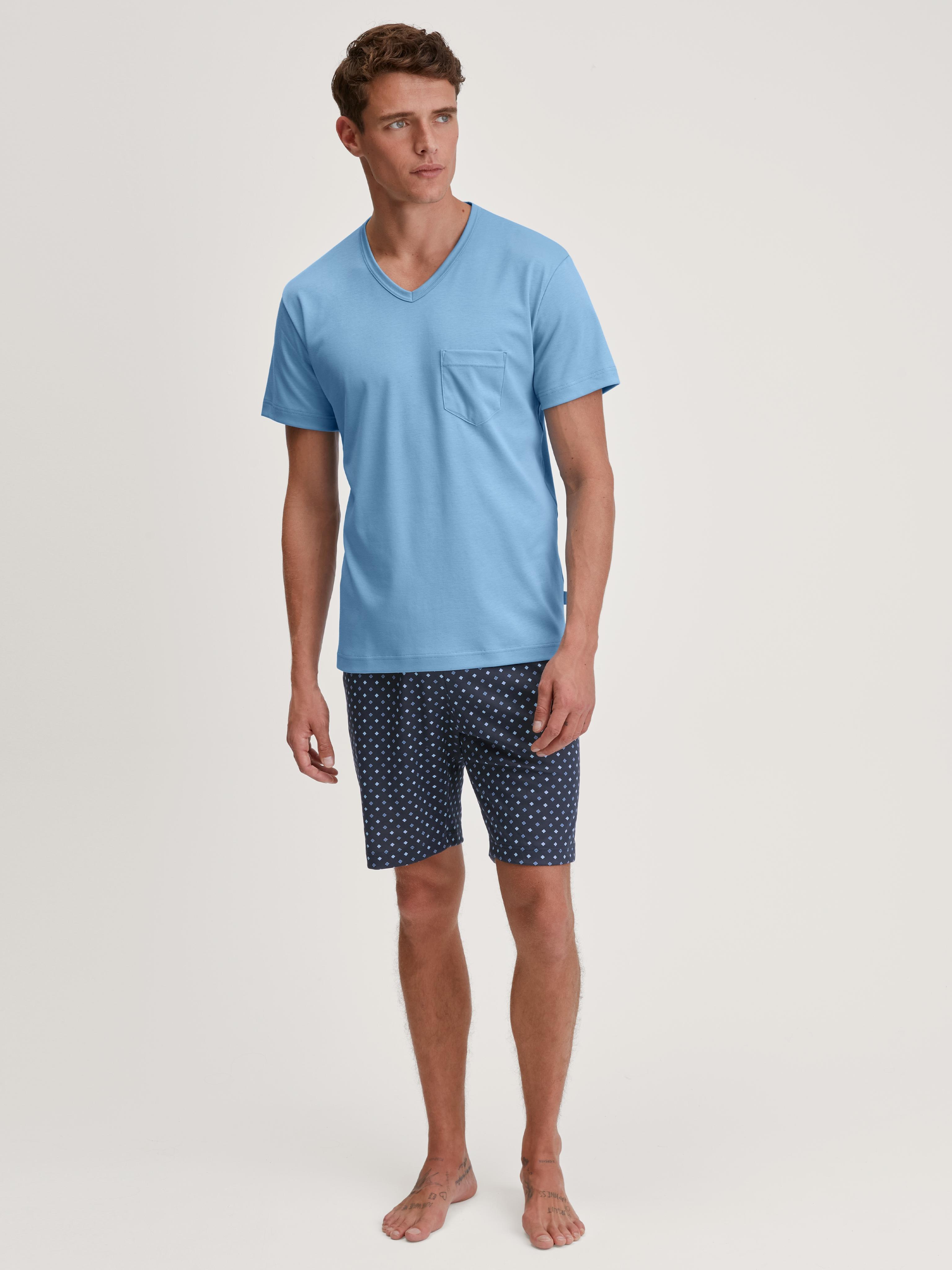 Shorty Calida "Relax Streamline", Herren, Gr. M (50), Blau (Glacier Lake), Interlock, Obermaterial: 100% Baumwolle, Normal Kurz, V-Ausschnitt, Homewear-Sets Shorty, Mit V-Ausschnitt