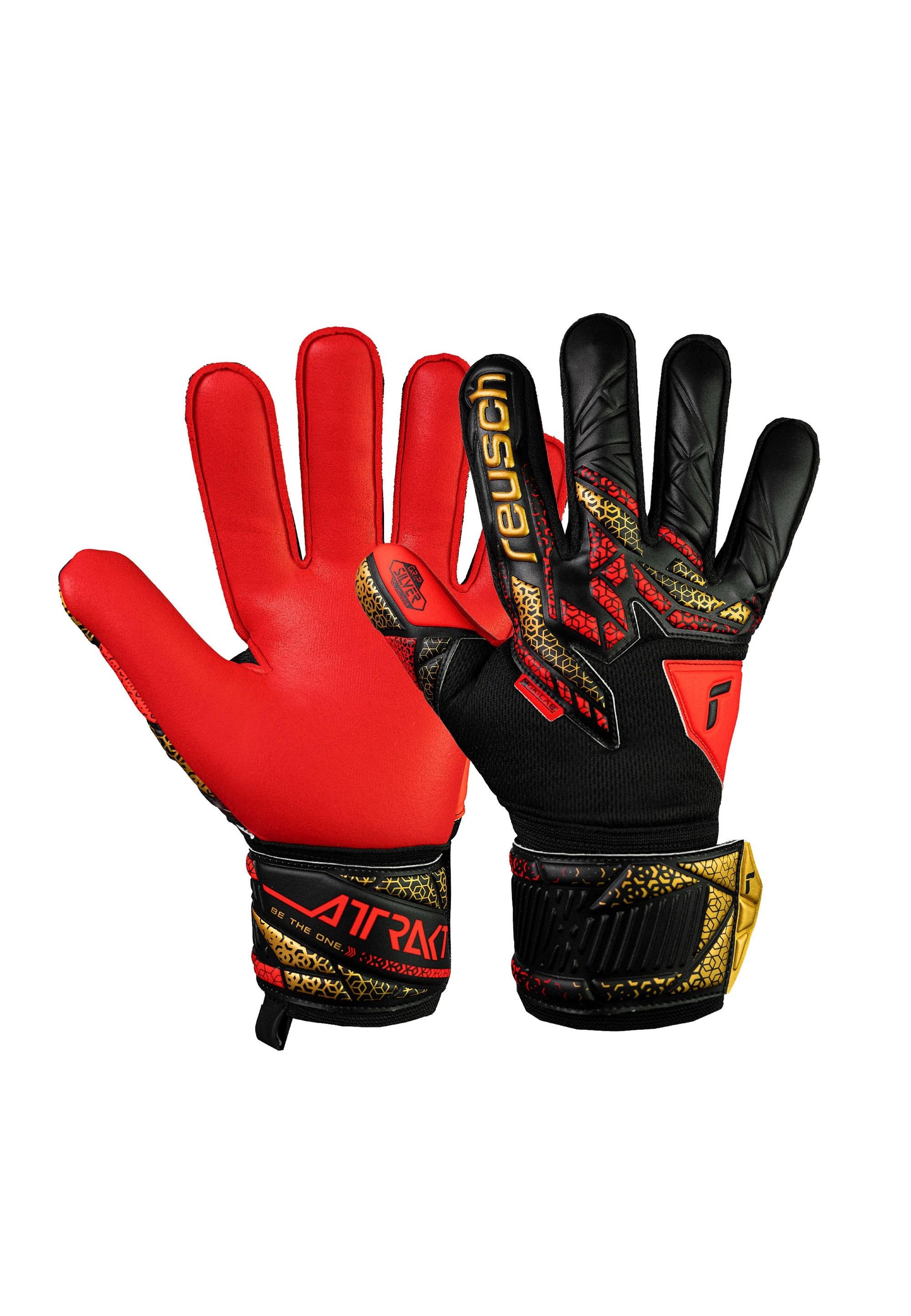 Torwarthandschuhe Reusch "Attrakt Silver", Damen, Gr. 10, Schwarz (Schwarz, Rot), 34% Polyester, 25% Elastodien, 4% Polyurethan, Mehrfarbig, Handschuhe, Mit Maximalem Grip