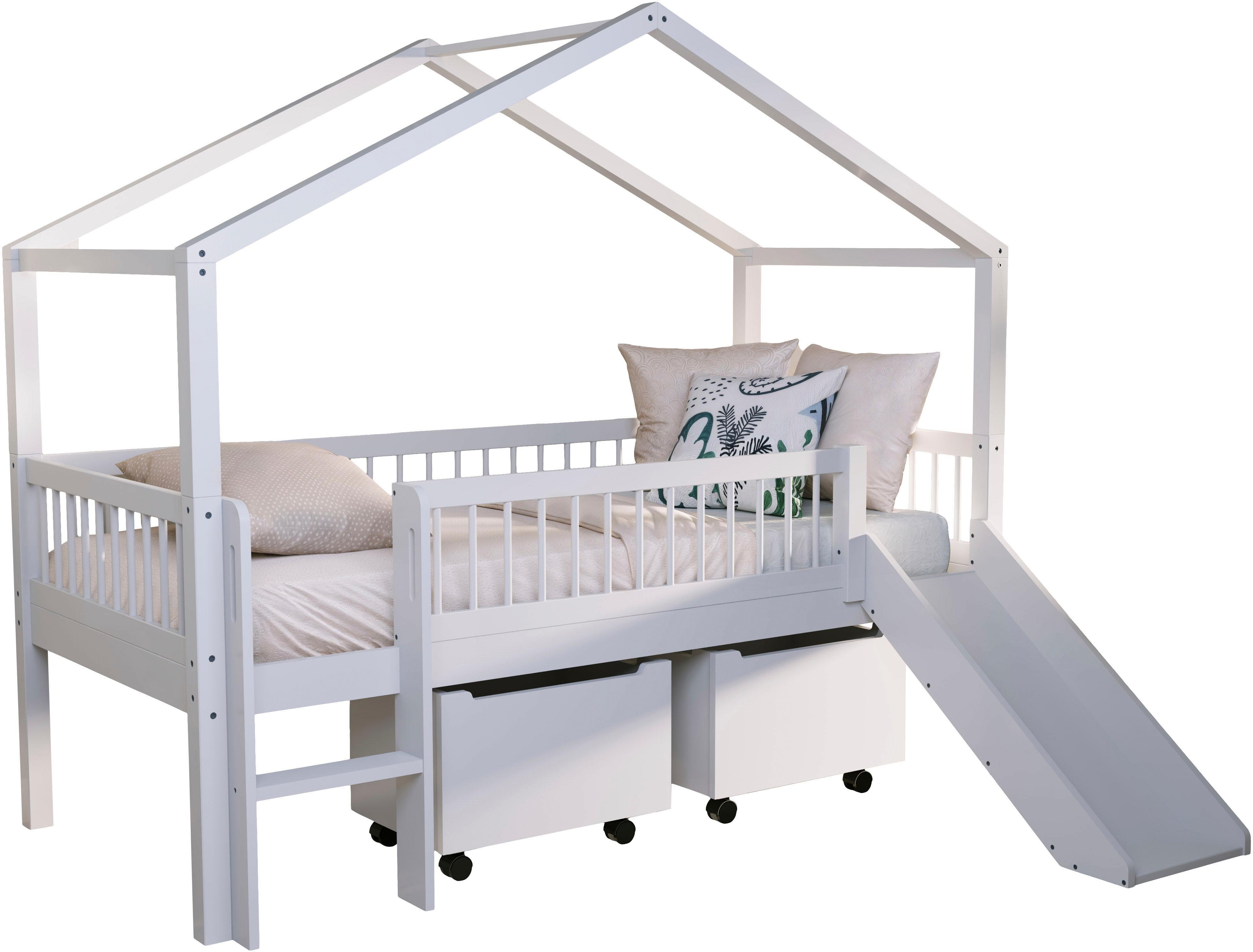 Hausbett Vipack "Inkl. Dachaufbau, Leiter, Rutsche Und Rolllattenrost, Made In Europe", Weiß, Weiß, Weiß, B:175,8Cm H:185Cm L:207,5Cm, Betten, Hochwertig Und Stabil Bebaut, Buche Massiv Weiß Lackiert
