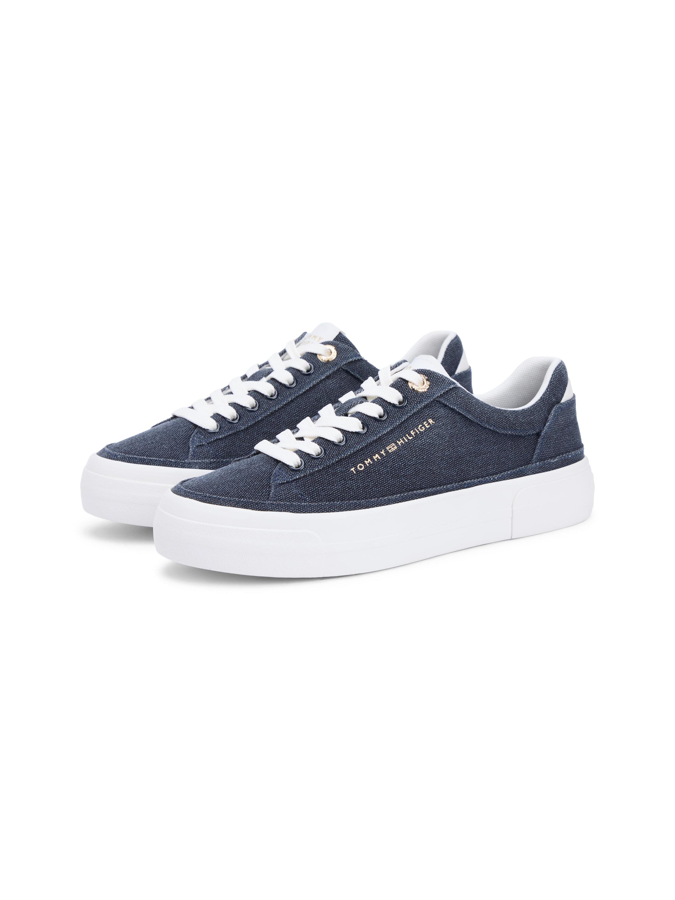Plateausneaker Tommy Hilfiger "Th Foxing Platform Washed Canvas", Damen, Gr. 36, Dunkelblau, Textil, Unifarben Mit Farbeinsatz, Schuhe Plateausneaker, Freizeitschuh, Halbschuh, SchnüRschuh Im Angesagten Jeans-Look