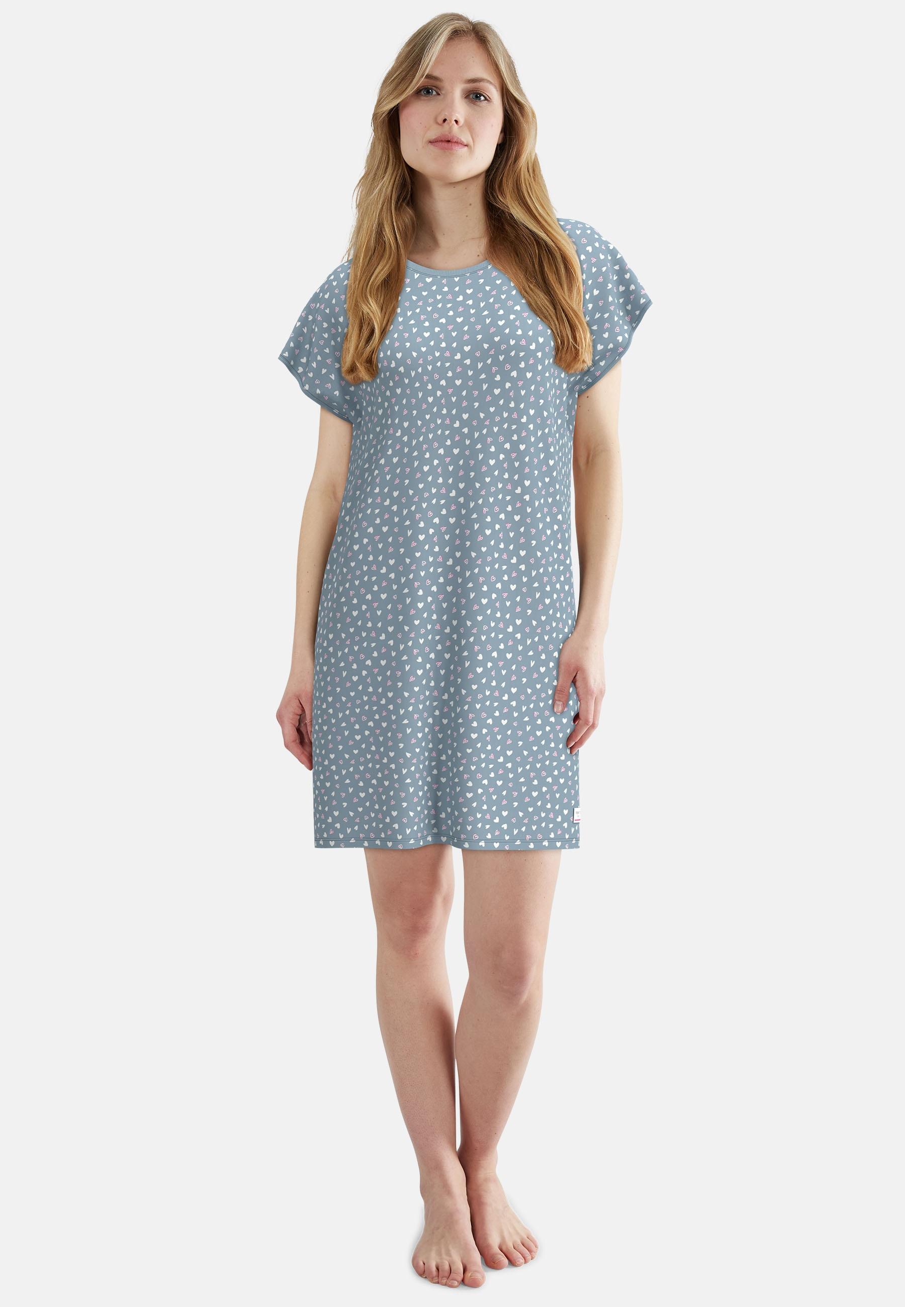 Nachthemd Tom Tailor, Damen, Gr. 42, N-Gr, Blau, Mittel, Allover, Single Jersey, Obermaterial: 95% Baumwolle, 5% Elasthan, Bequem Knielang, Rundhals, Gerader Abschluss, Kleider Nachthemd, Mit Motiv, Knielang, Kurzarm, Rundhalsausschnitt, Baumwollmix