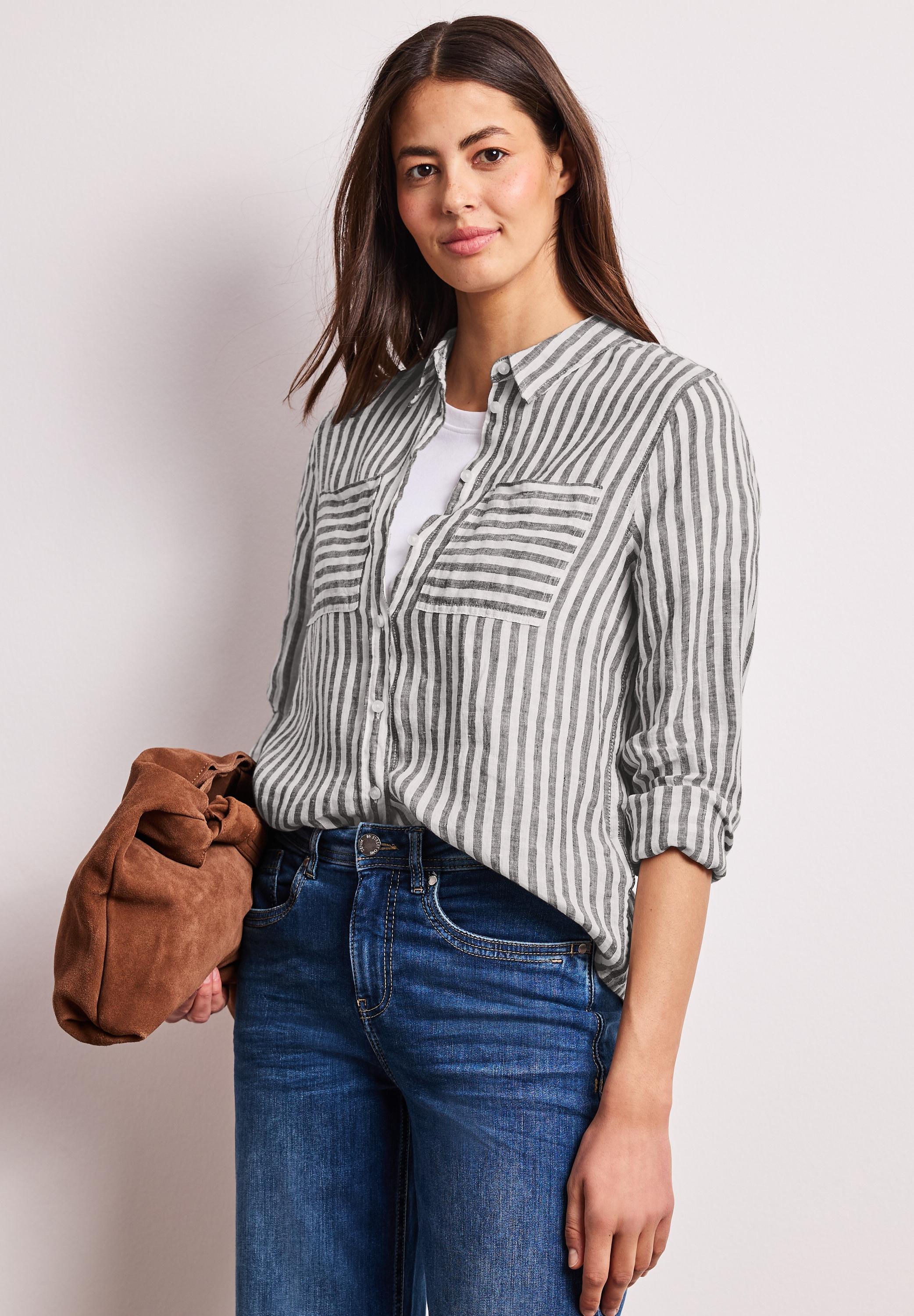 Hemdbluse Street One, Damen, Gr. 42, Espresso Braun, Web, Obermaterial: 100% Leinen, Gestreift, Regular Fit Normal, Rundhals, Manschette, Blusen Hemdbluse, Mit Streifen Muster