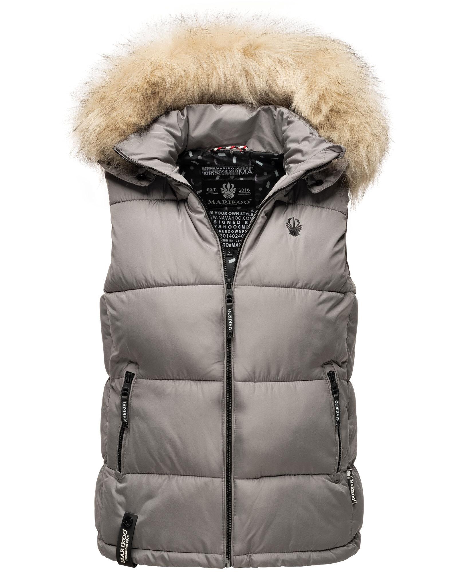 Steppweste Marikoo "EisflöCkchen", Damen, Gr. L (40), Grau, Obermaterial: 100% Polyester. Innenseite: 100% Polyester. Fellimitat: 90% Polyacryl, 10% Polyester, Westen Steppweste, Warme Steppweste Mit Abnehmbarem Kunstfellkragen