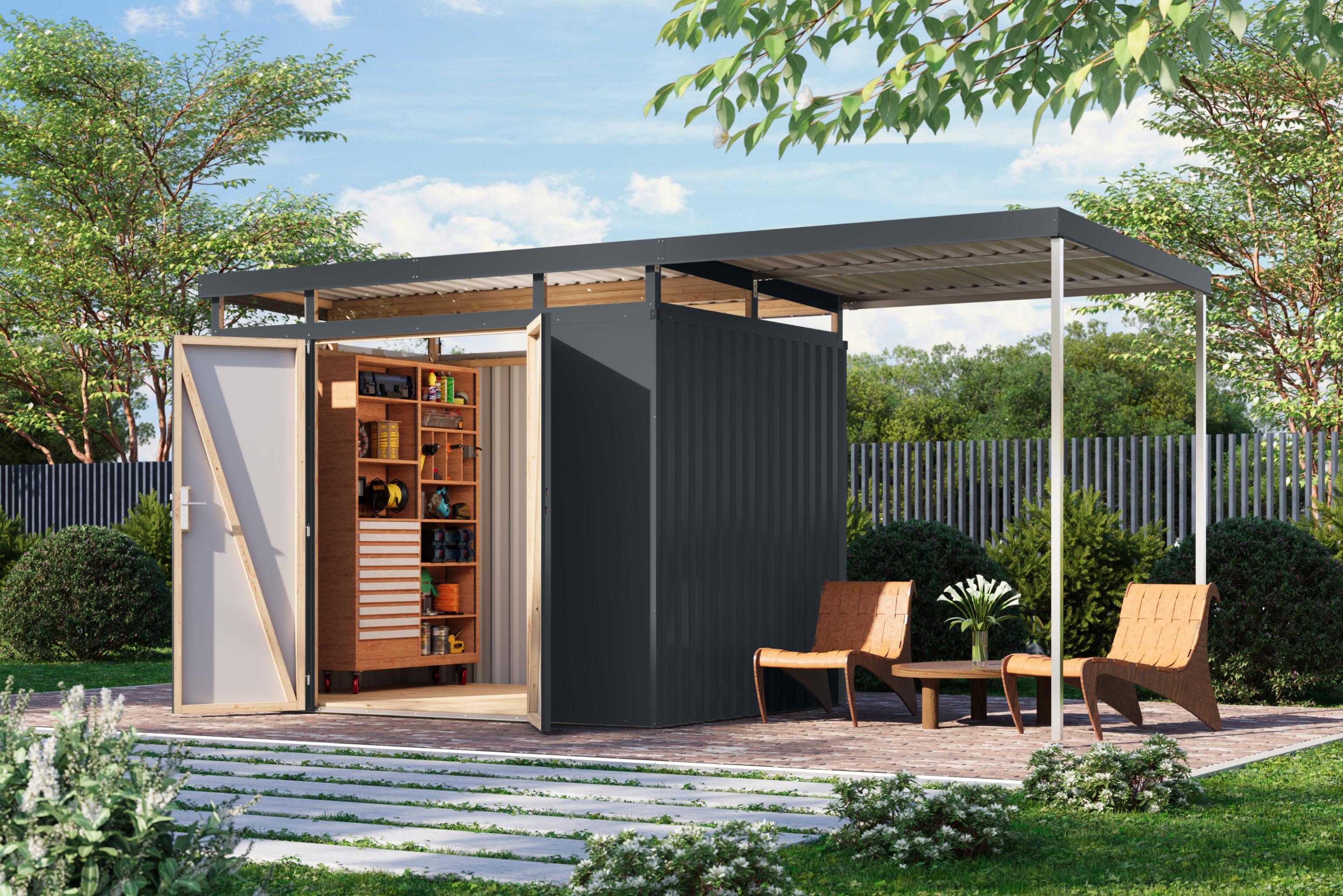 Gerätehaus KARIBU "Titanium 3 SET mit Anbaudach", anthrazit, Gerätehäuser, Metall, Gerätehaus