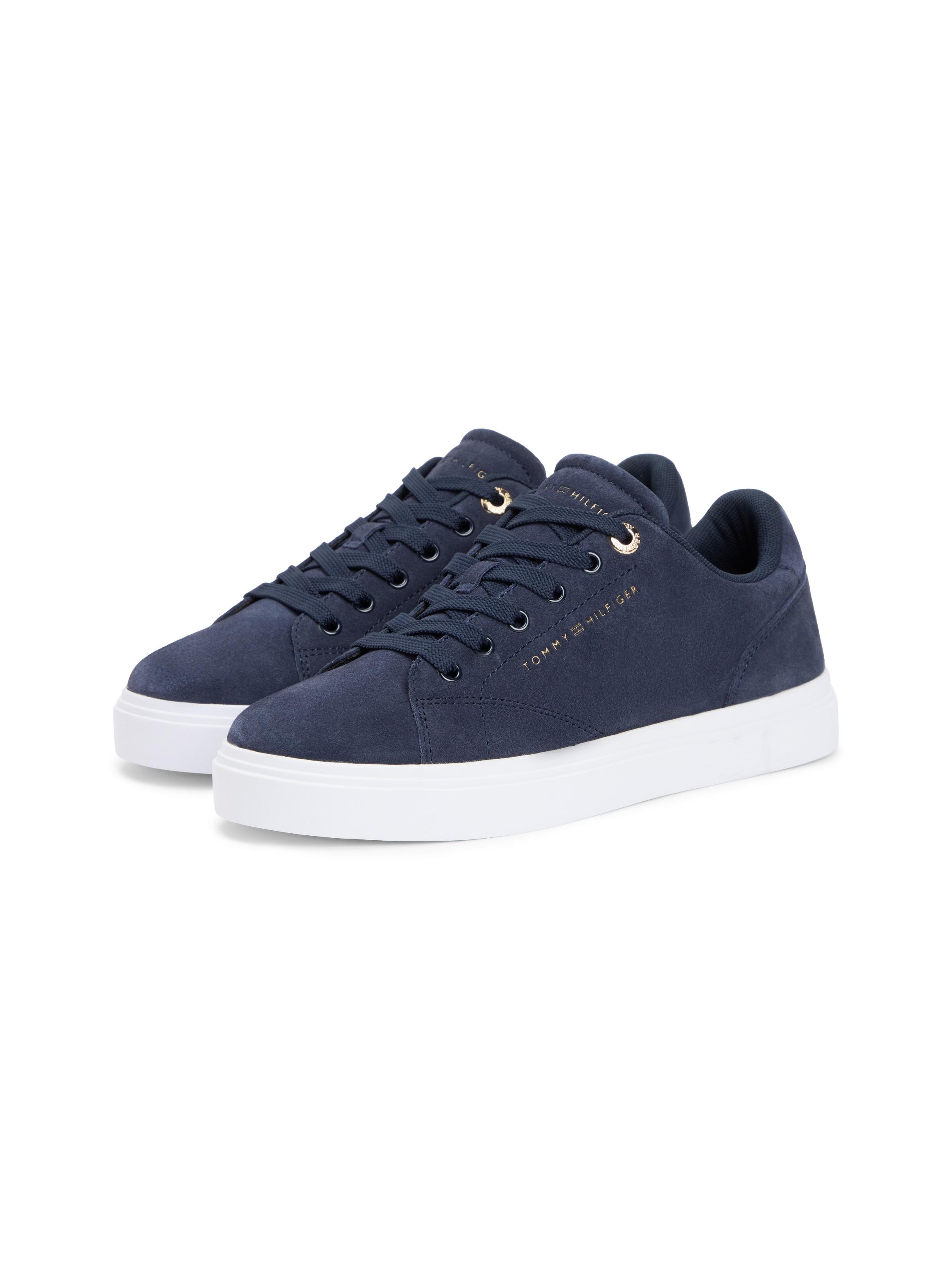 Plateausneaker Tommy Hilfiger "Th Feminine Cupsole Suede", Damen, Gr. 40, Dunkelblau, Veloursleder, Aufgeraut, Unifarben, Schuhe Plateausneaker, Freizeitschuh, Halbschuh, SchnüRer Mit LogoschriftzüGen