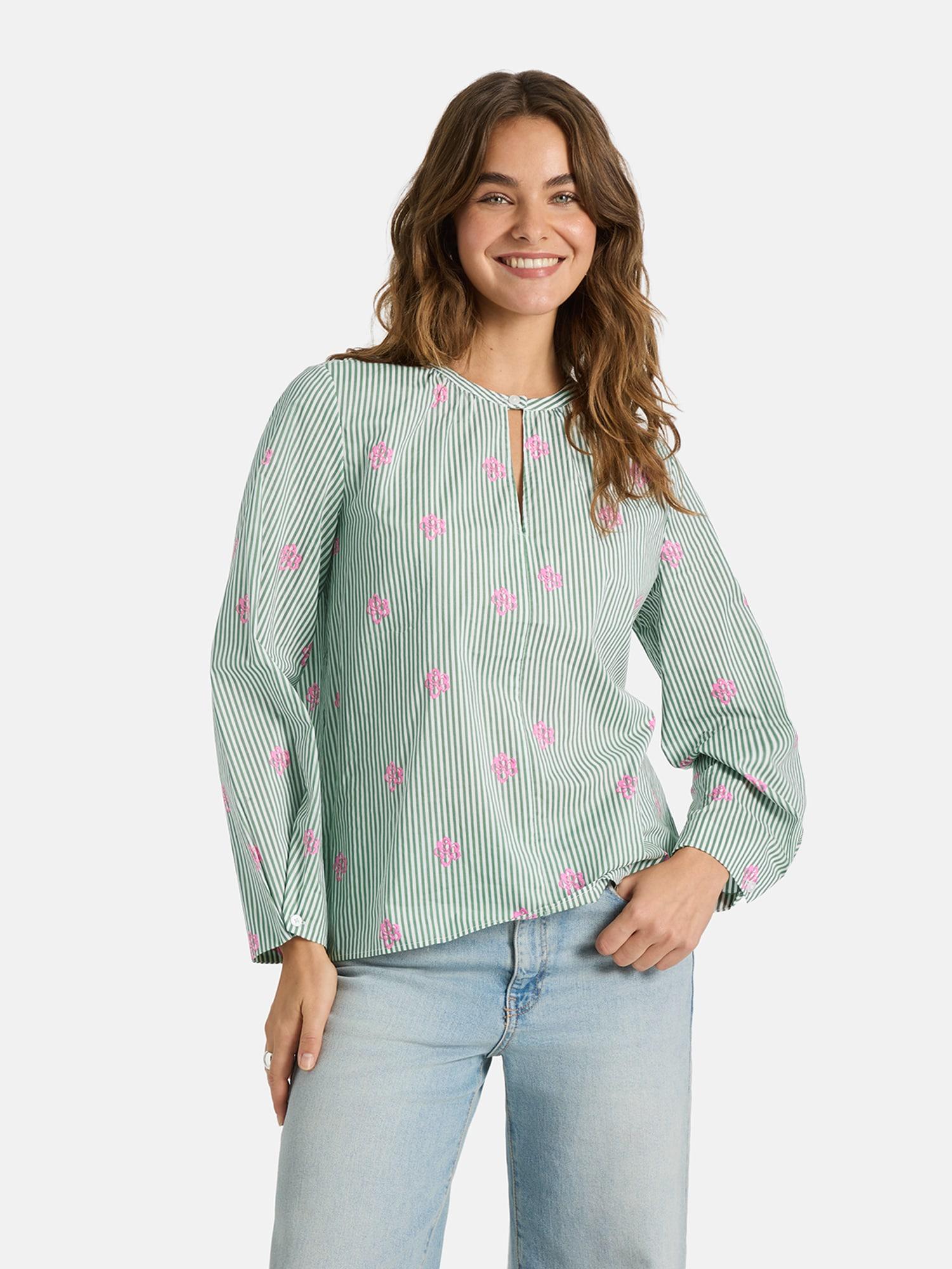 Langarmbluse LIEBLINGSSTÜCK "RymL", Damen, Gr. 38, garden grün, Web, Obermaterial: 100% Baumwolle, bedruckt, gestreift, kontrastfarbene Details, regular fit hüftlang, Rundhals, mit Knopf, Blusen Langarmbluse, mit geknöpften Ärmeln