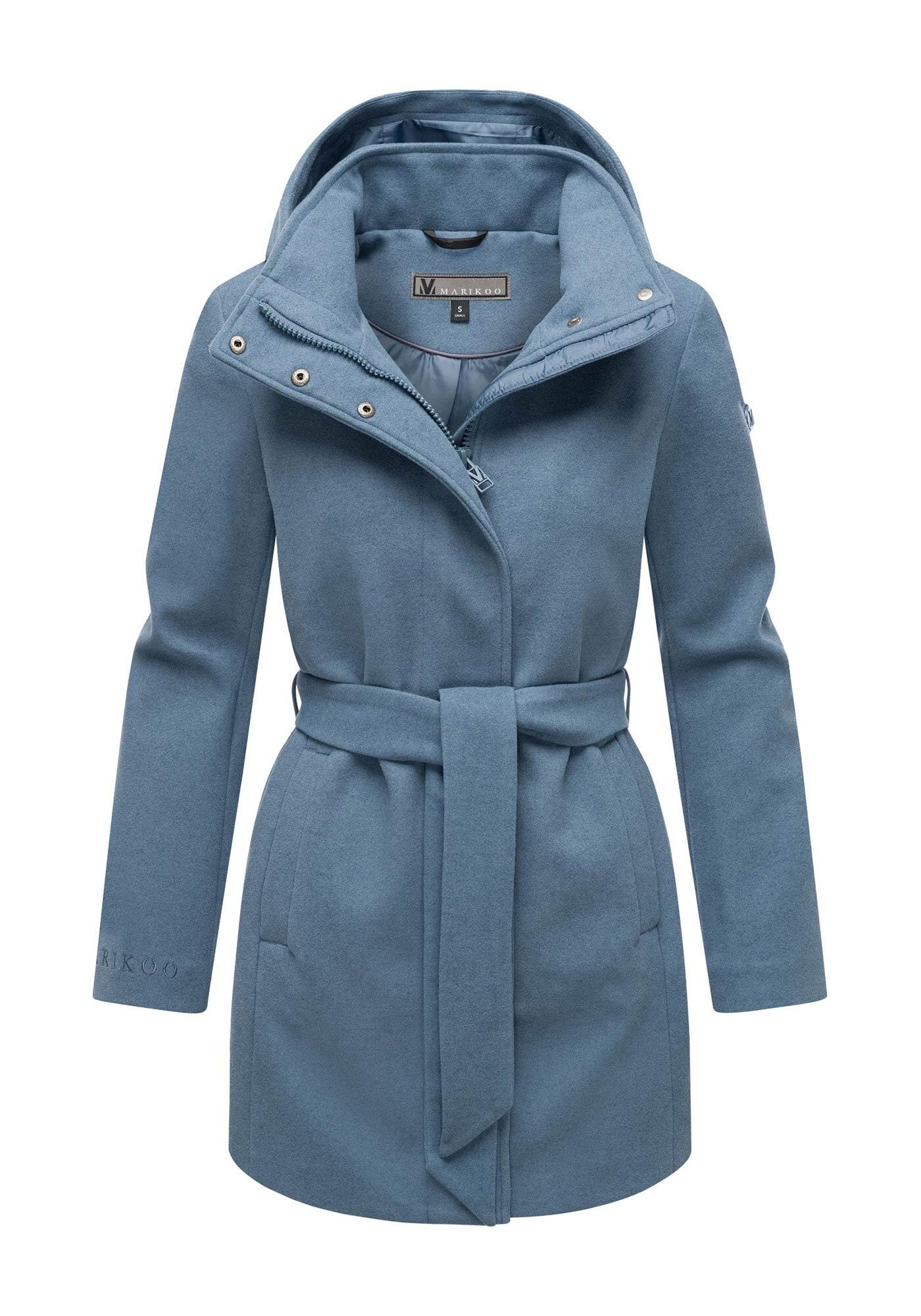 Kurzmantel Marikoo "Katalinaa", Damen, Gr. Xxl, Blau (Dusty Blau), 90% Polyester, 10% Viskose, MäNtel Kurzmantel, Eleganter Wickel Mantel Mit TaillengüRtel Und Oversized Hood Kapuze