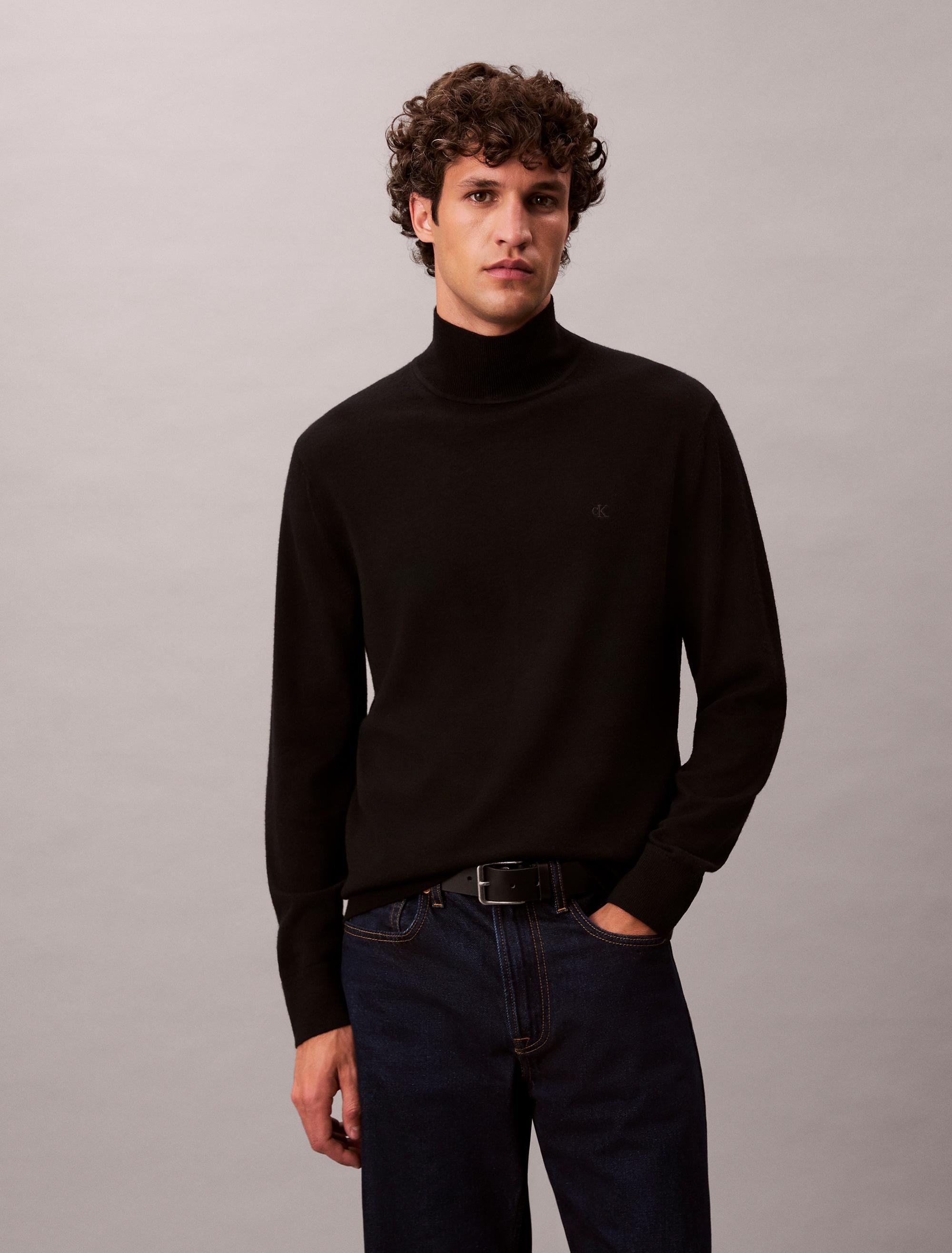 Stehkragenpullover Calvin Klein "Ls Merino Mock Neck Swtr 14GG", Herren, Gr. M, Schwarz, Web, Obermaterial: 100% Wolle, Unifarben, Regular Fit Normal, Rundhals, Eingesetzt Gerader Abschluss, Pullover Stehkragenpullover, Mit Rundhalsausschnitt, Regular Fit