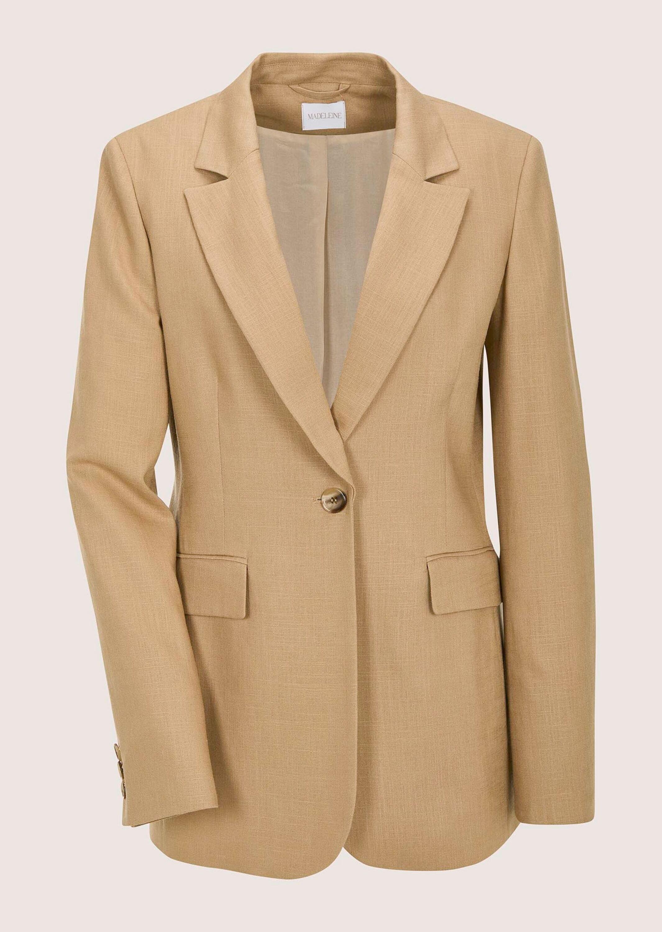 Jackenblazer MADELEINE "Blazer Longblazer mit Reverskragen", Damen, Gr. 46, braun (macchiato), Obermaterial: 90% Viskose CV. 10% Leinen LI., Modern, tailliert, Blazer Jackenblazer, Ärmelschlitz