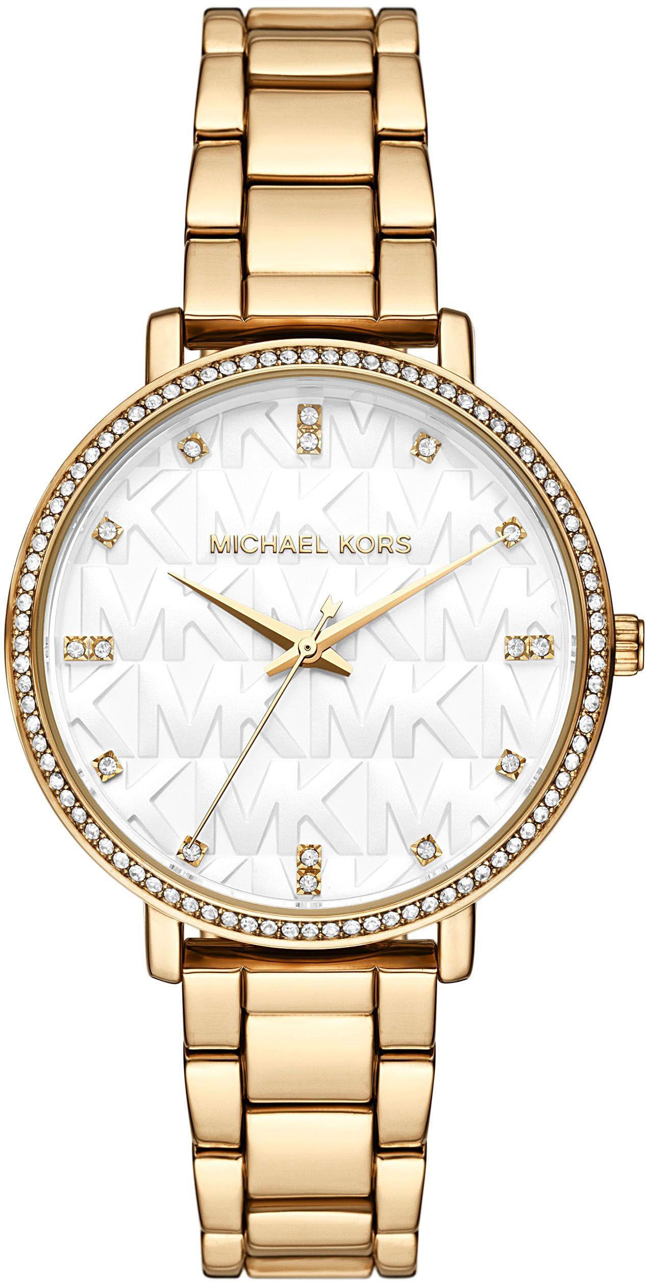 Quarzuhr Michael Kors "Pyper", Gelbgoldfarben, Weiß, Armbanduhren, Damen, Quarzuhr, Armbanduhr, Damenuhr, Edelstahlarmband, Analog, Glassteine