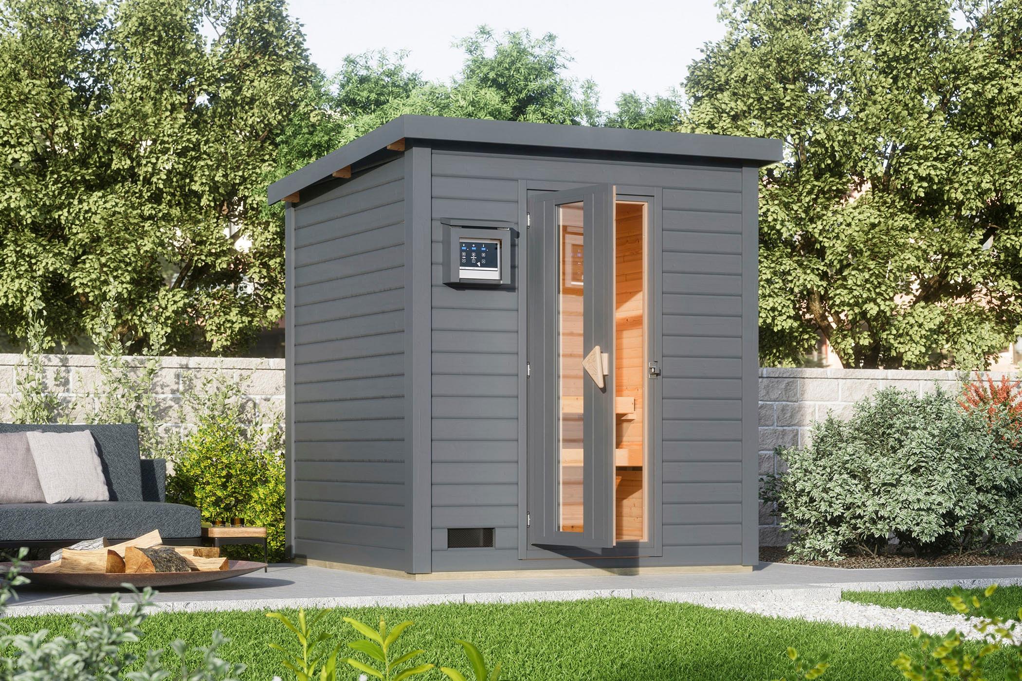 Saunahaus KARIBU "Talo 2", grau (terragrau), Saunaofen, externe Steuerung, (ohne Ofen), Saunen, Saunahaus, Ofen 9 KW externe Strg easy