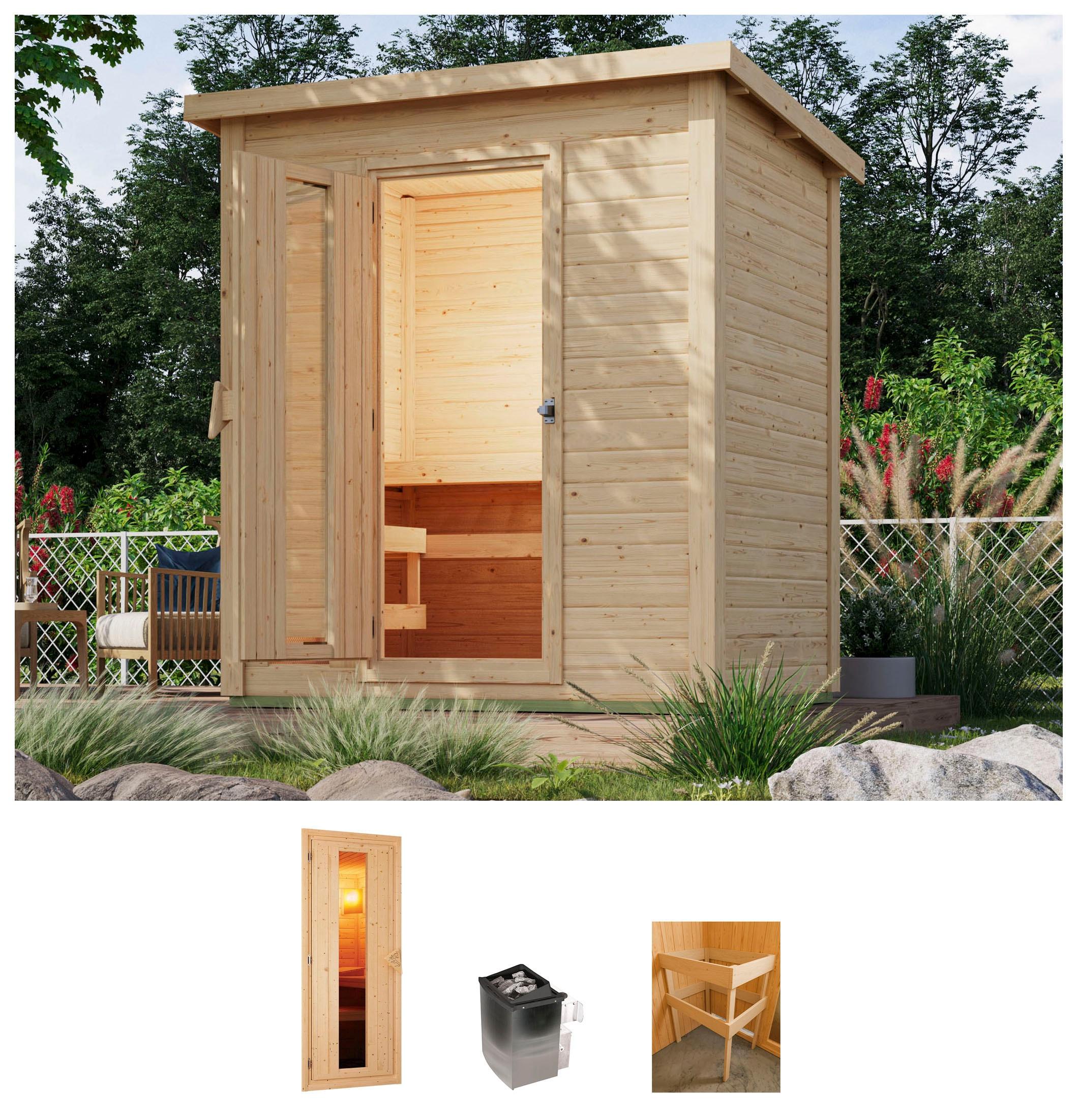 Saunahaus KARIBU "Talo 1", beige (naturbelassen), Saunaofen, integrierte Steuerung, 9 kW, Saunen, Saunahaus, Ofen 9 kW integr. Strg