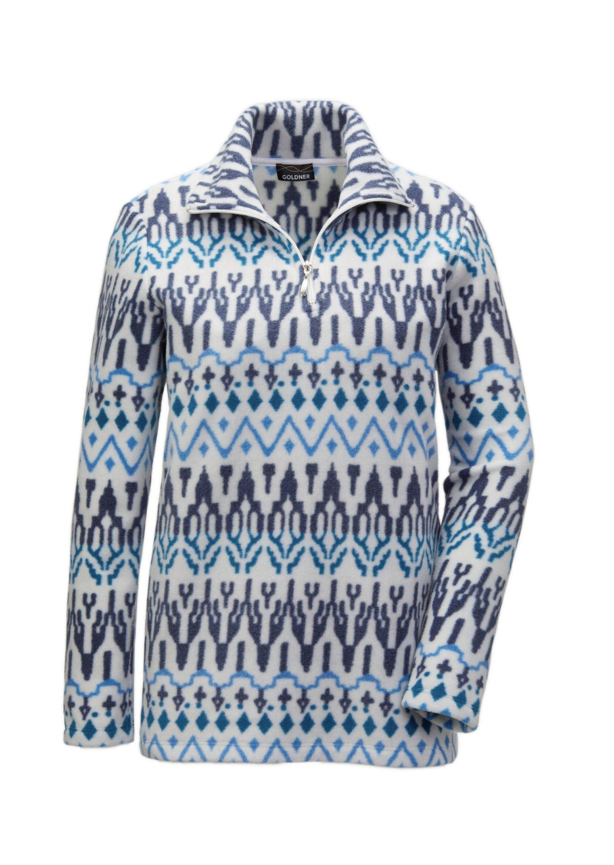 Sweatshirt GOLDNER "Kurzgröße Kuschelig warmer Fleece-Troyer", Damen, Gr. 25, blau (blau, gemustert), Obermaterial: 100% Polyester PES., weit Tubular, Sweatshirts Sweatshirt, Mit praktischem Reißverschluss am Kragen