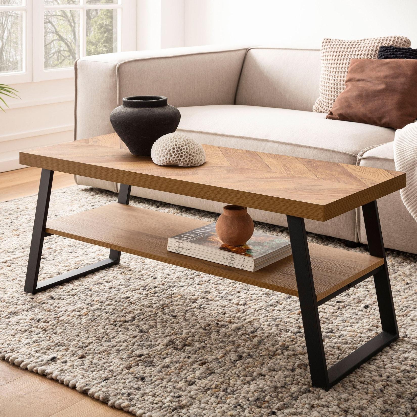 Couchtisch FineBuy Sofatisch 100 cm Braun Fischgrät Wohnzimmertisch Ablage