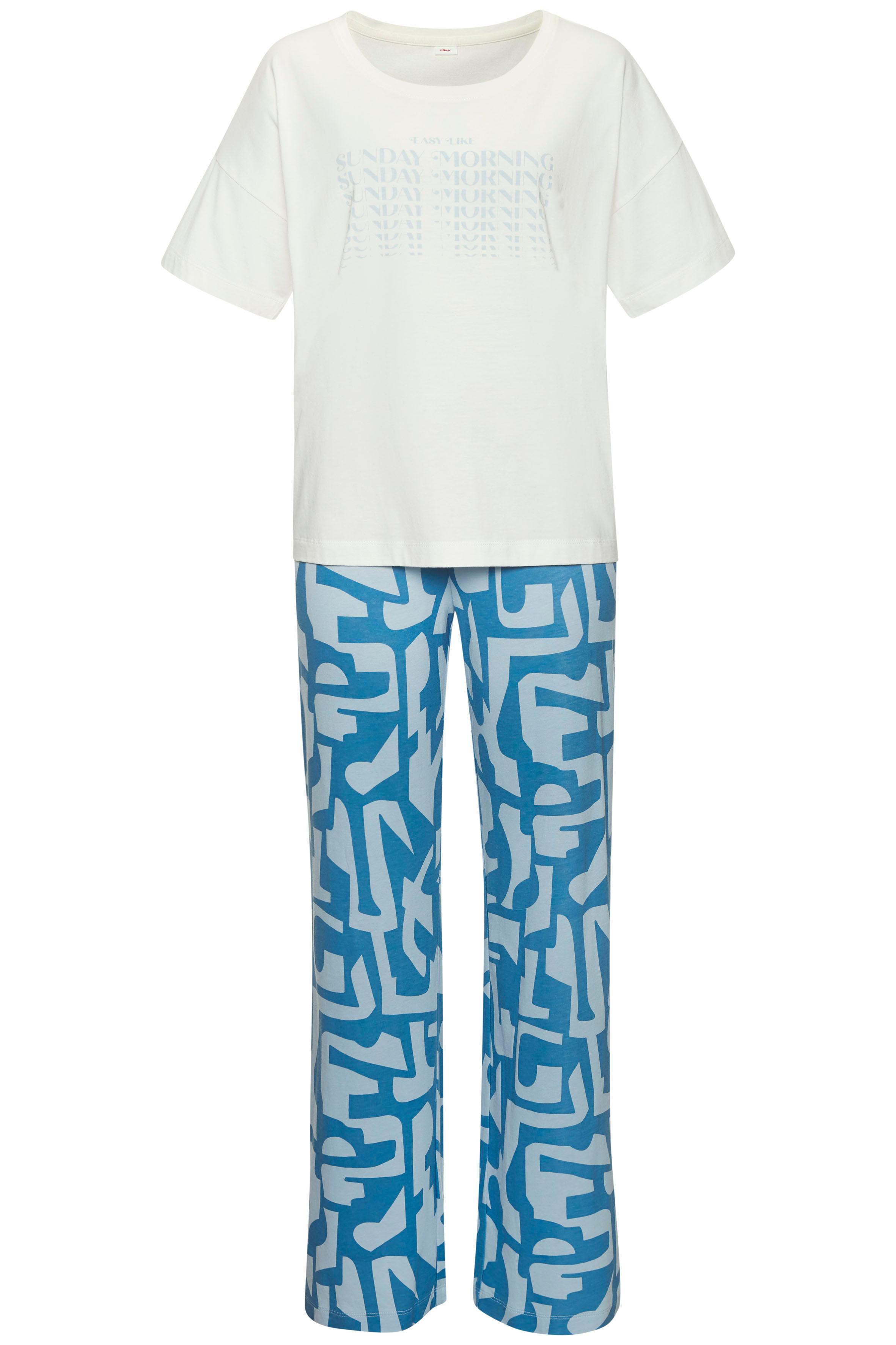 Pyjama S.Oliver, Damen, Gr. 32/34, Blau (Hellblau, Dunkelblau Gemustert), Single Jersey, Obermaterial: 50% Baumwolle, 50% Viskose, Gemustert, LäSsig Geschnitten Lang, Rundhals, Angeschnitten Abgesteppte Kante, Homewear-Sets Pyjama, Mit Grafischem Print