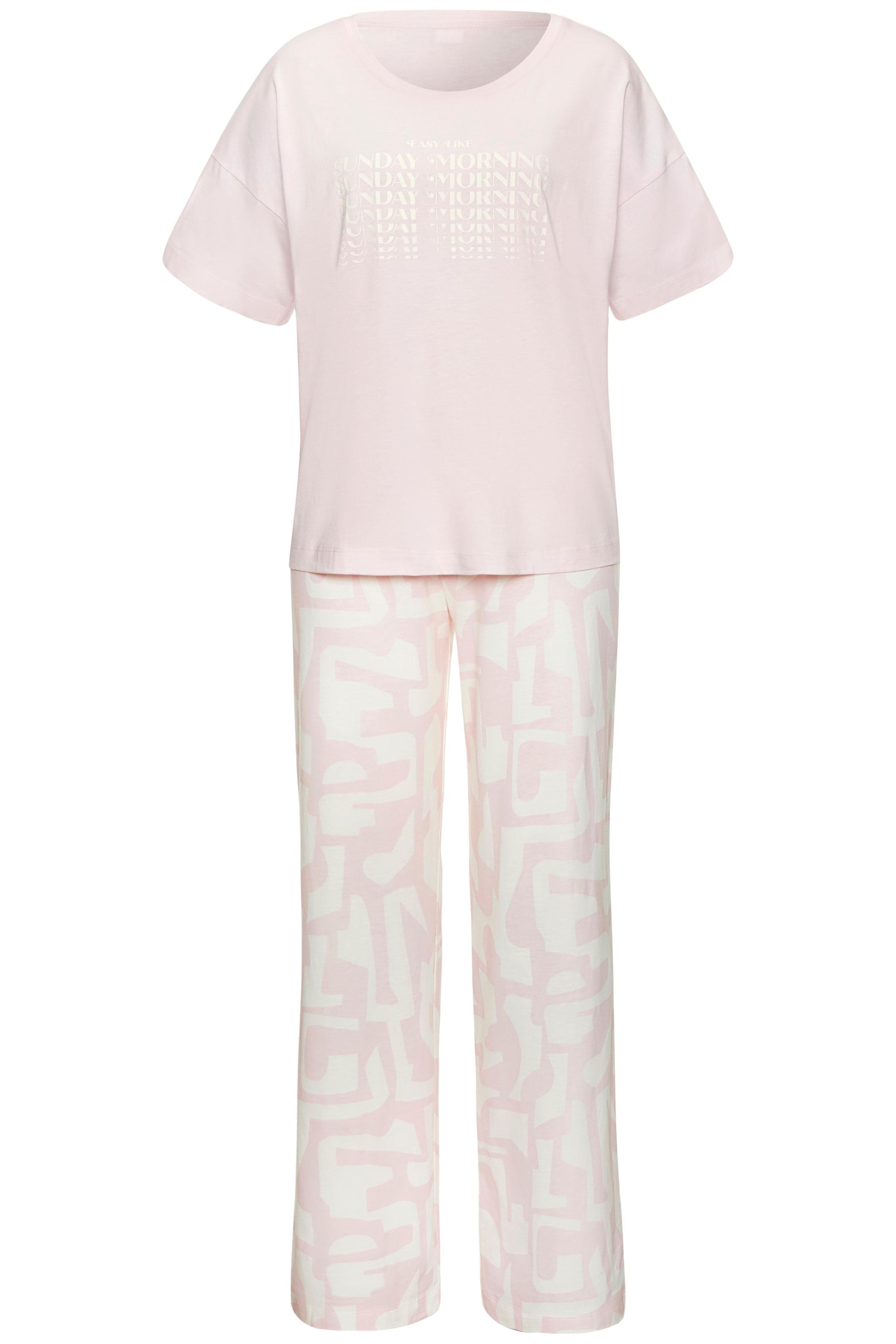 Pyjama S.Oliver, Damen, Gr. 40/42, Rosa (Rosa, Weiß Gemustert), Single Jersey, Obermaterial: 50% Baumwolle, 50% Viskose, Gemustert, LäSsig Geschnitten Lang, Rundhals, Angeschnitten Abgesteppte Kante, Homewear-Sets Pyjama, Mit Grafischem Print