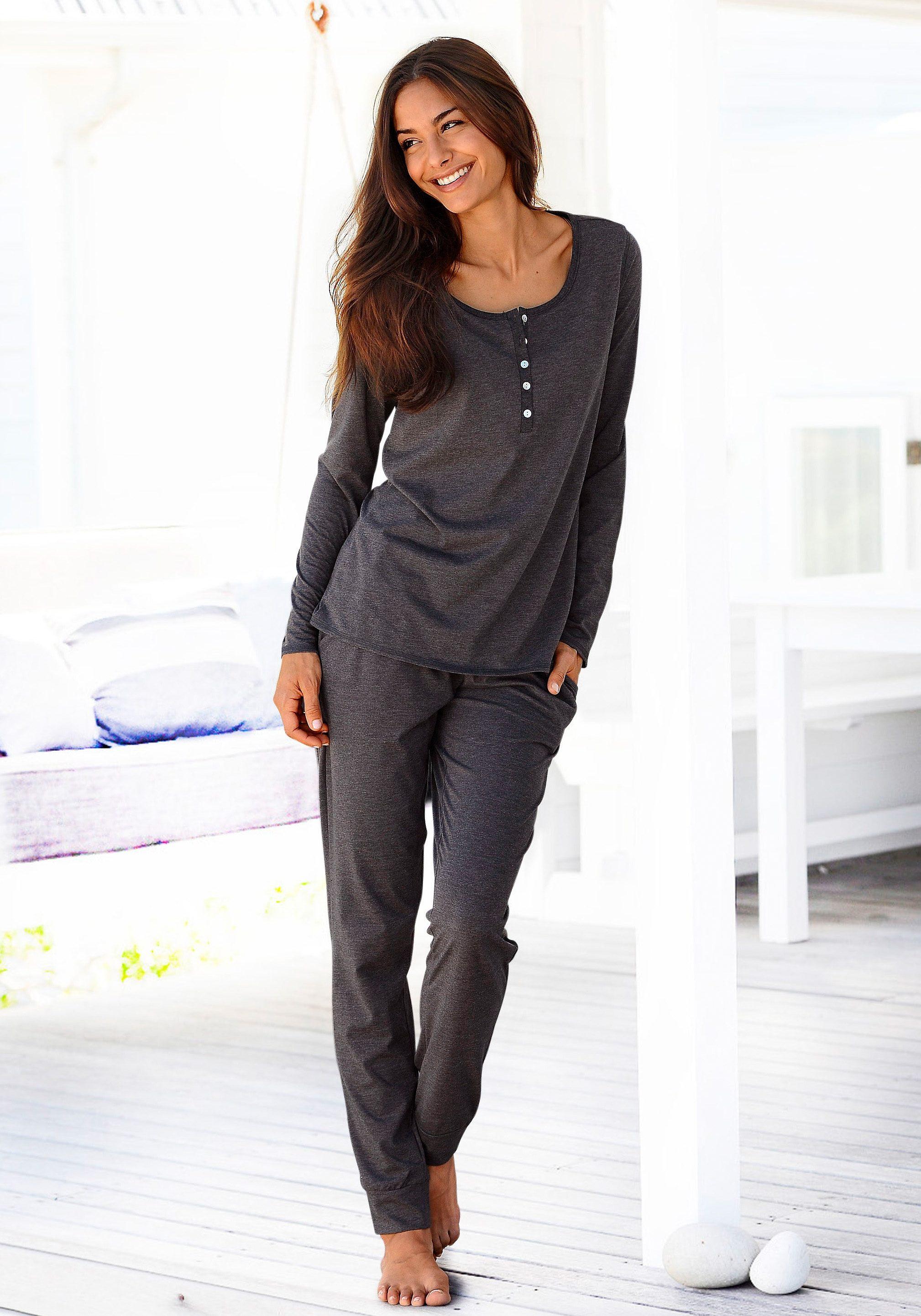 Pyjama Arizona, Damen, Gr. 32/34, Grau (Anthrazit, Meliert), Single Jersey, Obermaterial: 60% Baumwolle, 40% Polyester, Meliert, Bequem Lang, Rundhals, Homewear-Sets Pyjama, In Melierter QualitäT Mit Knopfleiste