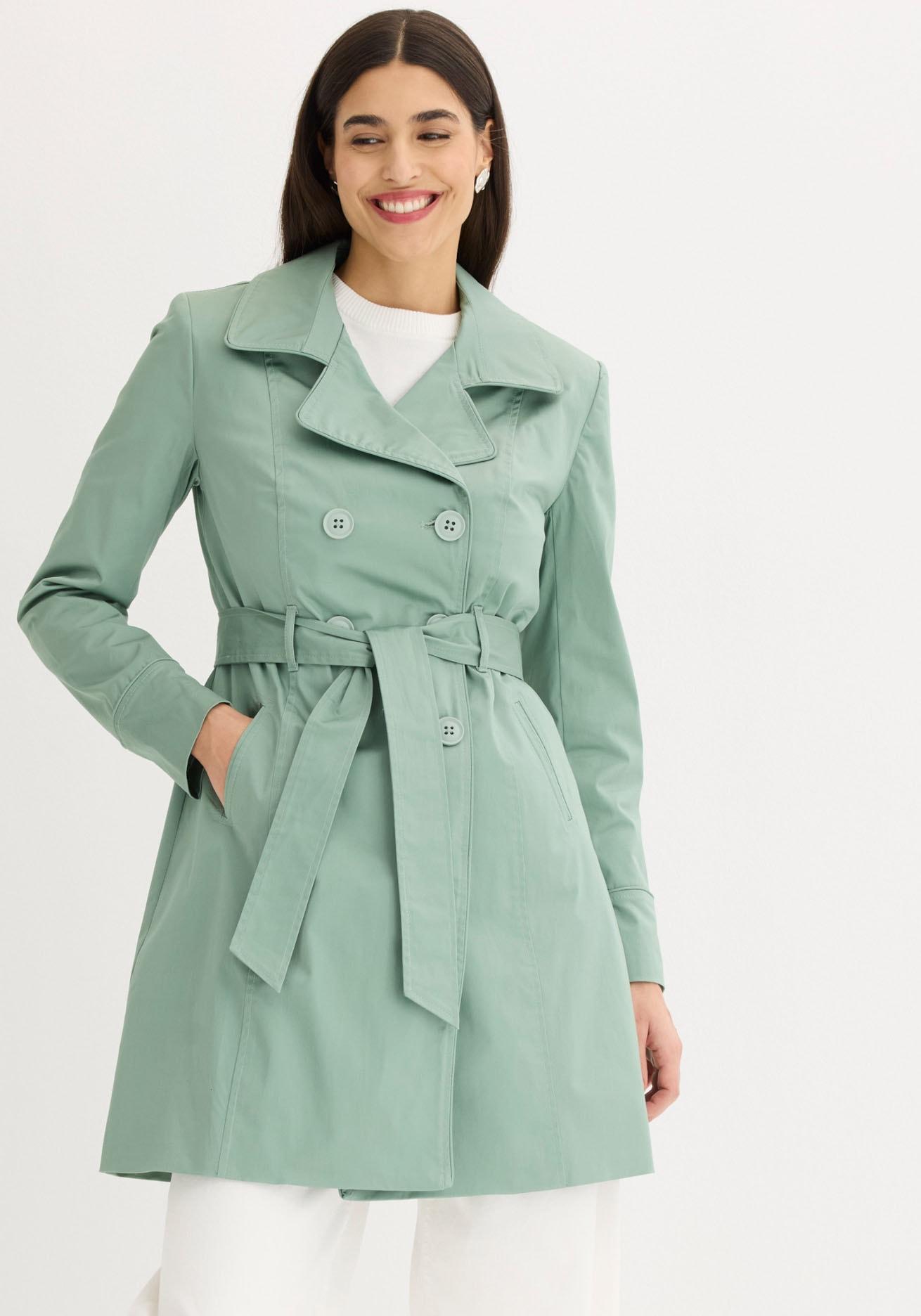 Trenchcoat Bonprix, Damen, Gr. 40, RauchgrüN, Web, Obermaterial: 97% Baumwolle, 3% Elasthan. Futter: 100% Polyester, Unifarben, A-Linie Ca. Mitte Oberschenkel, Angesetztes BüNdchen, MäNtel, Mit Abnehmbarem BindegüRtel, 2-Reiher
