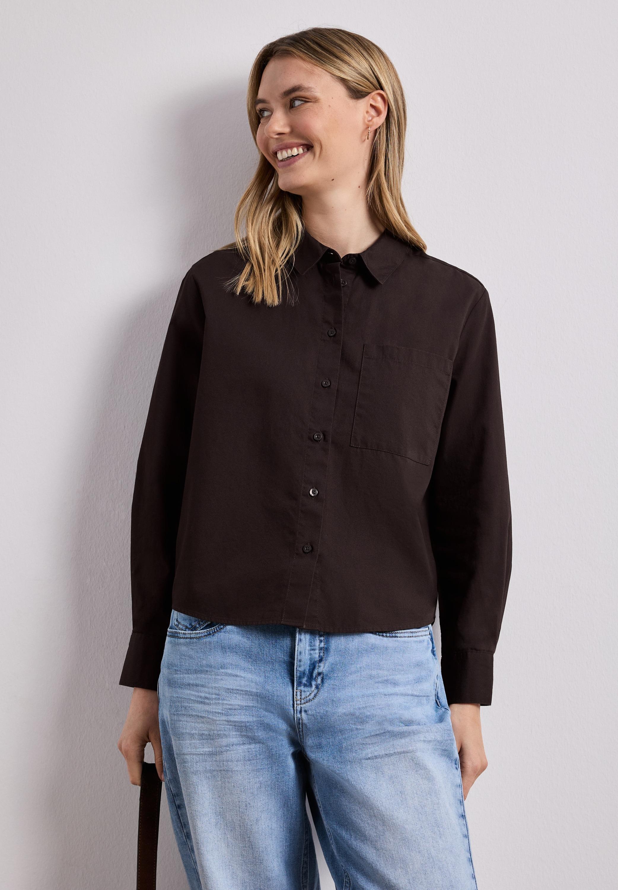 Langarmbluse Street One, Damen, Gr. 38, Espresso Braun, Web, 100% Baumwolle, Unifarben, Regular Fit Normal, V-Ausschnitt, Umschlagbund, Blusen, Aus Reiner Baumwolle