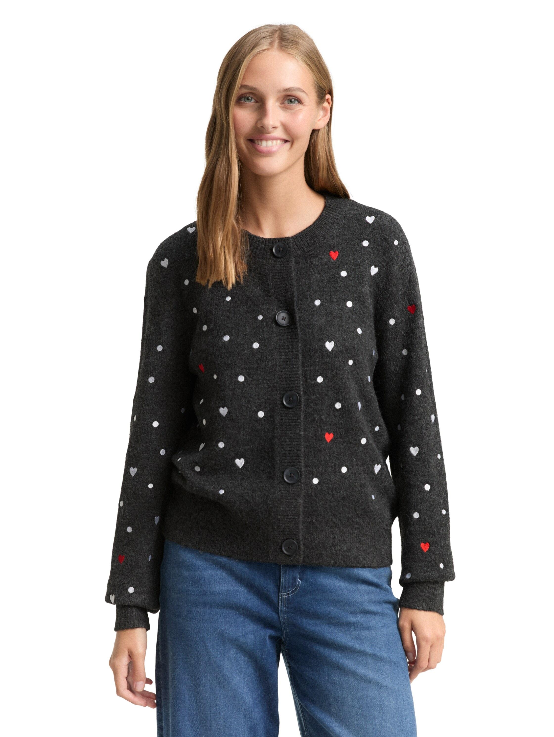 Cardigan Tom Tailor Denim, Damen, Gr. M, Grau Weiß Dots And Hearts, Strick, Obermaterial: 79% Polyacryl, 18% Polyester, 3% Elasthan, Bestickt, Regular Fit Normal, Rundhals, RippbüNdchen, Strickjacken, Mit Stickereien