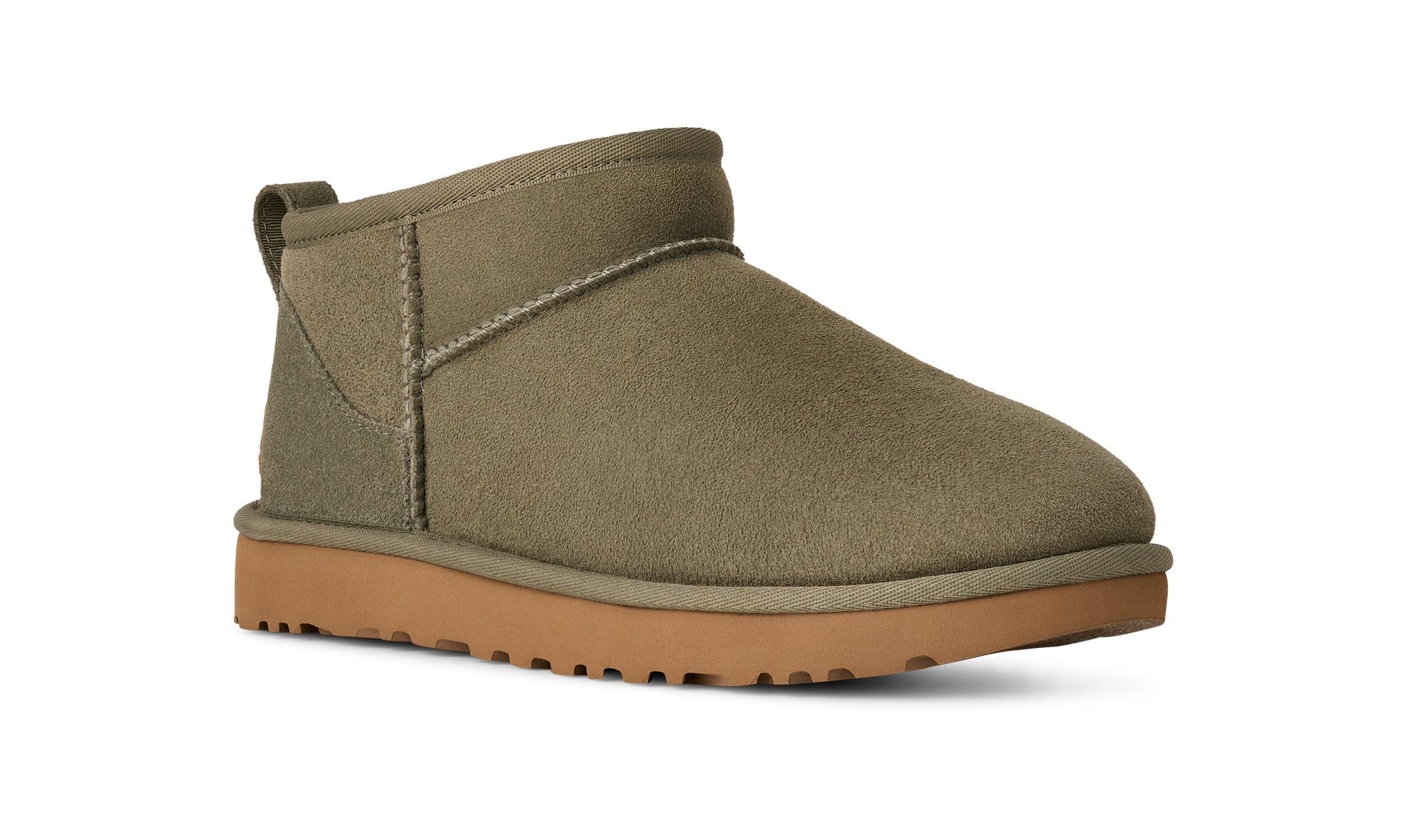 Schlupfboots UGG "Unisex Classic Ultra Mini", Damen, Gr. 12 (43), khaki, Veloursleder, unifarben, Schuhe Schlupfboots, Ankleboots, Schlupfboots zum Schlupfen