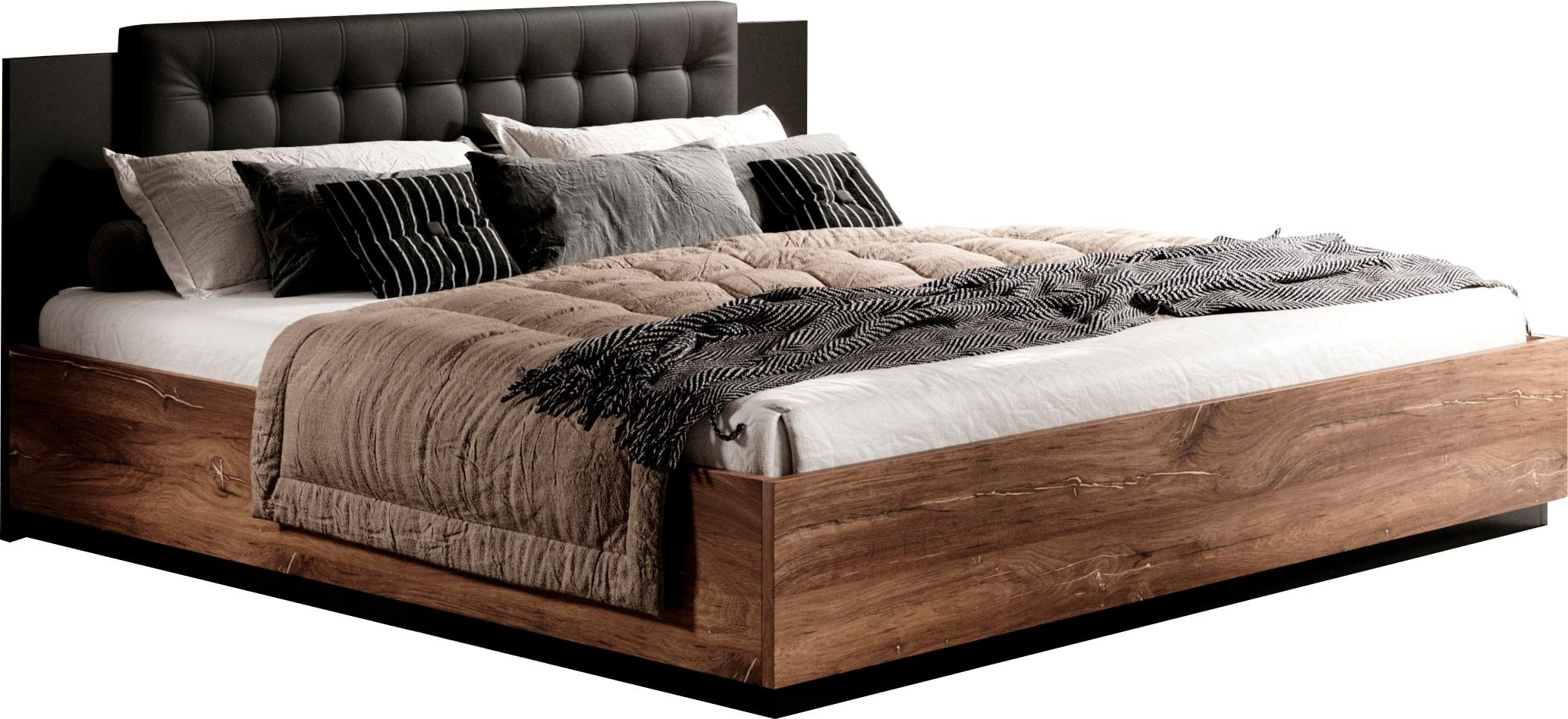 Bett Home Affaire "Sigma", Braun (Eiche Flagstaff, Schwarz, Flagstaff Eiche, Schwarz, Flagstaff Eiche), B:186,3Cm H:89,5Cm L:205Cm, Betten, Bett, Doppelbett In Zwei Breiten Mit Gepolstertem Kopfteil
