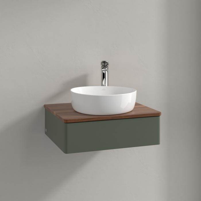 Villeroy Und Boch Antao Waschtisch-Unterschrank K07052HL 60X19X50Cm, Hahnloch, Waschbeckenplattenfarbe Warm Walnut, Leaf Green Matt Lacquer