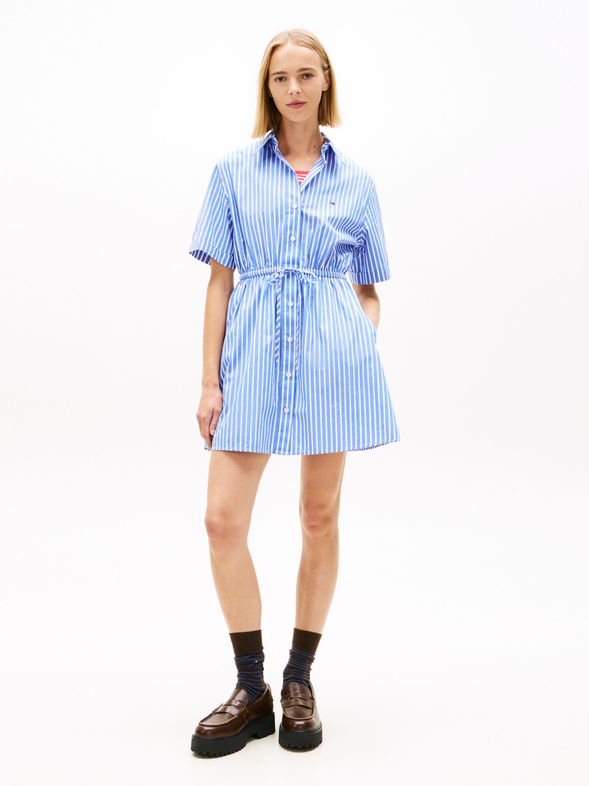 Hemdblusenkleid Tommy Jeans "Tjw Mini Stripe Shirt Dress", Damen, Gr. L (40), N-Gr, Empire Blau, Stripe, Popeline, Obermaterial: 100% Baumwolle, Gestreift, Tailliert Mini, Mit Umschlag, Kleider, Mit Taillen Bindeband, Relaxed Fit