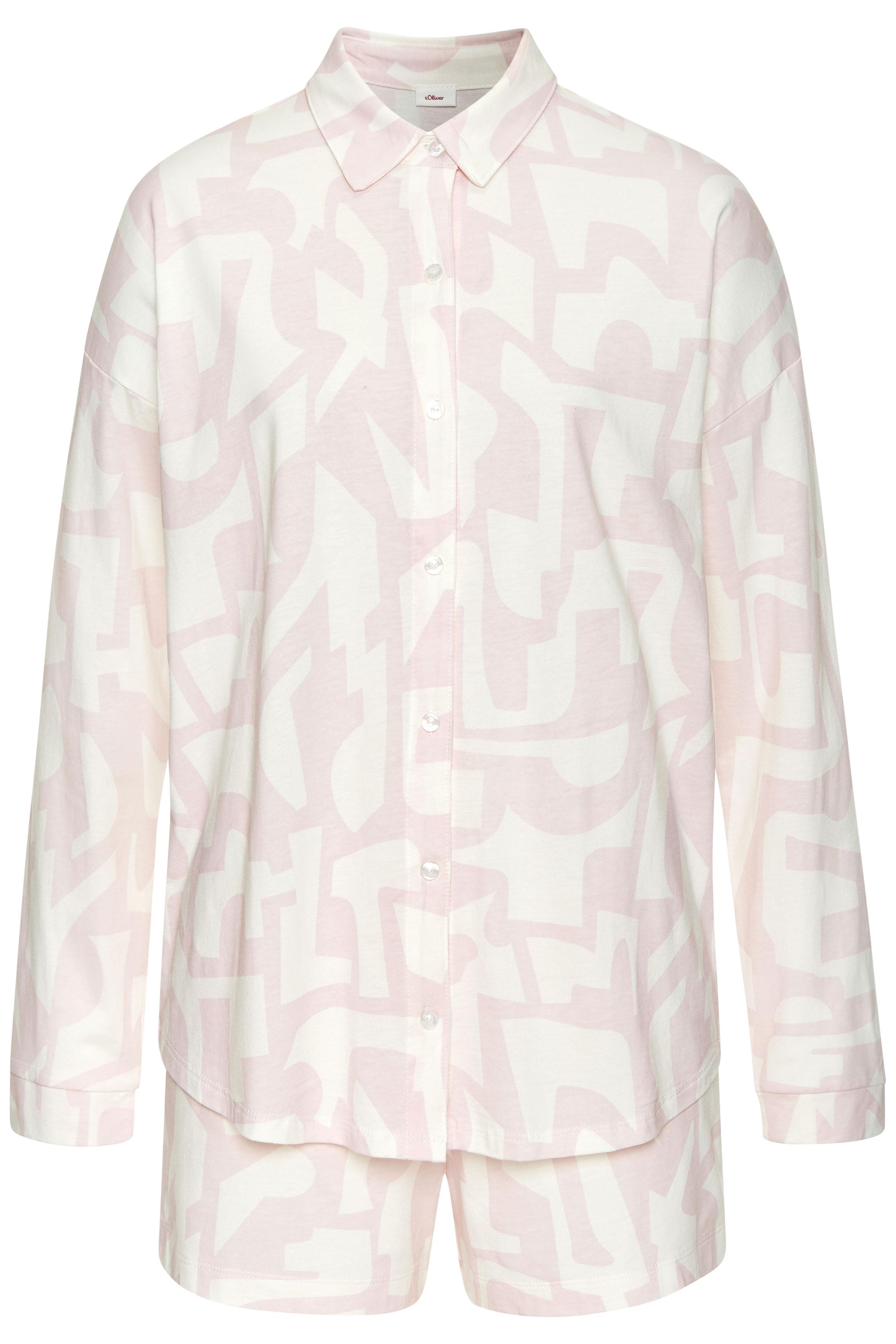 Shorty S.Oliver, Damen, Gr. 36/38, Rosa (Rosa, Weiß Gemustert), Single Jersey, Obermaterial: 50% Baumwolle, 50% Viskose, LäSsig Geschnitten Kurz, V-Ausschnitt, 1-Knopf-Manschette, Homewear-Sets Shorty, Mit Grafischem Print