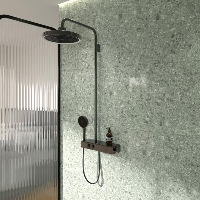 Ideal Standard Solos Duschsystem A7883A5 Mit Aufputz-Brausethermostat Ceratherm Navigo® Mit Ablage, Kopfbrause Mit Led-Leuchtring, 3-Funktions-Hand- & Kopfbraus, Magnetic Grey