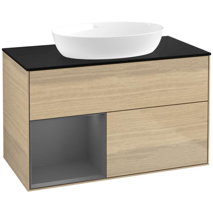Villeroy Und Boch Finion Waschtischunterschrank FA12GKPC 100Cm, Abdeckplatte Black Matt, Regale Anthracite Matt Lacquer, Oak Veneer
