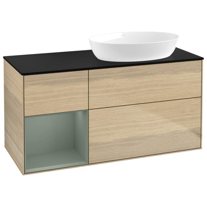 Villeroy Und Boch Finion Waschtischunterschrank GA42GMPC 120Cm, Abdeckplatte Black Matt, Emotion, Regale Olive Matt Lacquer, Oak Veneer