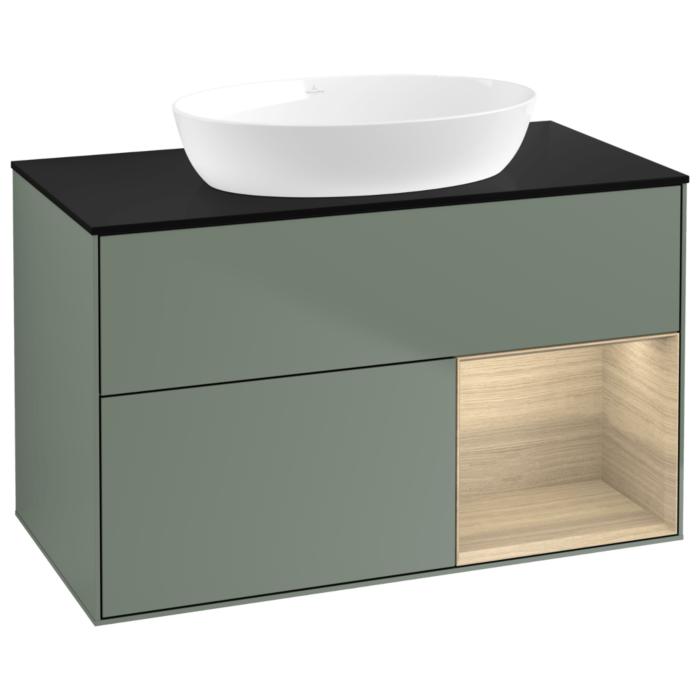 Villeroy Und Boch Finion Waschtischunterschrank GA22PCGM 100Cm, Abdeckplatte Black Matt, Emotion, Regale Oak Veneer, Olive Matt Lacquer