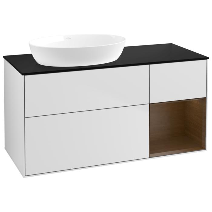 Villeroy Und Boch Finion Waschtischunterschrank GA52GNMT 120Cm, Abdeckplatte Black Matt, Emotion, Regale Walnut Veneer, White Matt Lacquer