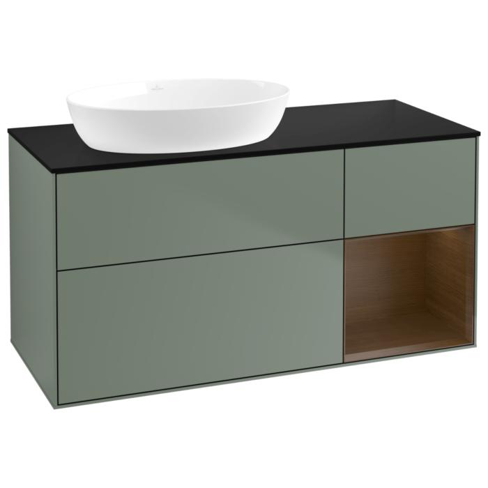 Villeroy Und Boch Finion Waschtischunterschrank GA52GNGM 120Cm, Abdeckplatte Black Matt, Emotion, Regale Walnut Veneer, Olive Matt Lacquer