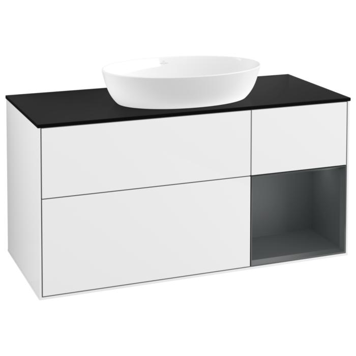 Villeroy Und Boch Finion Waschtischunterschrank FA72HGGF 120Cm, Abdeckplatte Black Matt, Regale Midnight Matt Lacquer, Glossy White Lacquer