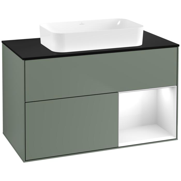 Villeroy Und Boch Finion Waschtischunterschrank F662GFGM 100X60,3X50,1Cm, Regal Rechts Glossy White Lacquer, Olive Matt Lacquer