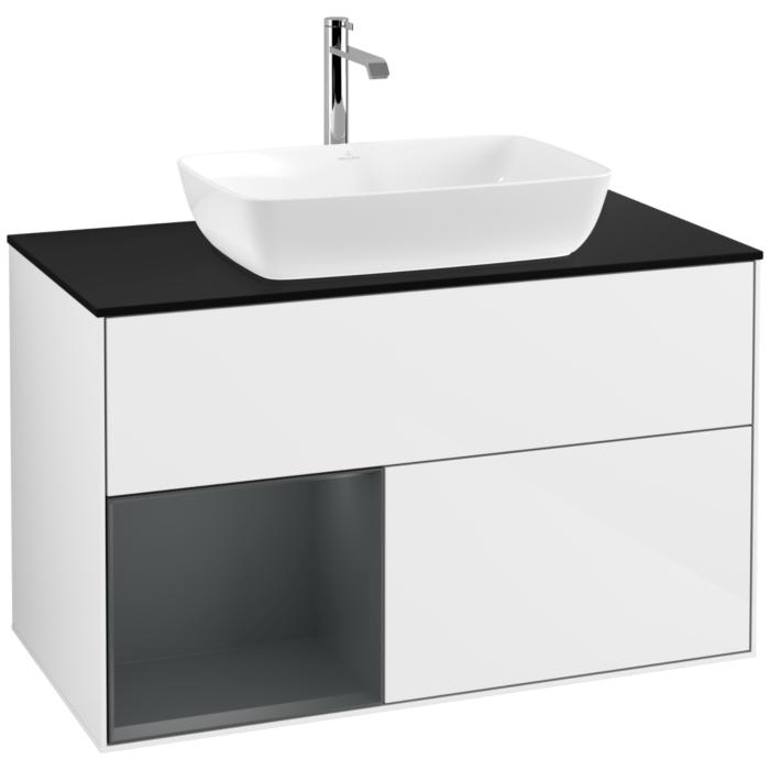 Villeroy Und Boch Finion Waschtischunterschrank F772HGGF 100Cm, Abdeckplatte Black Matt, Regale Midnight Matt Lacquer, Glossy White Lacquer