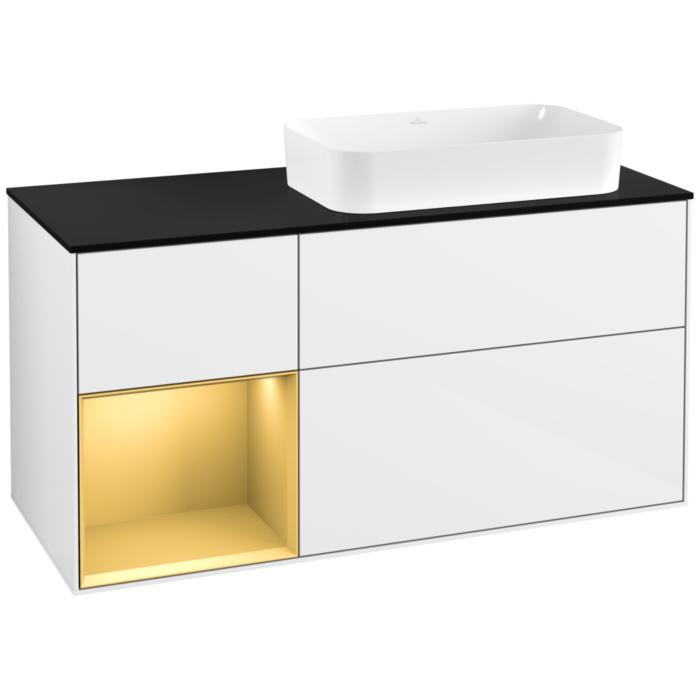Villeroy Und Boch Finion Waschtischunterschrank G682HFGF 120X60,3X50,1Cm, Regal Links Gold Matt, Glossy White Lacquer