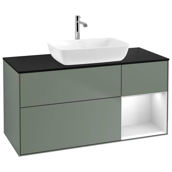 Villeroy Und Boch Finion Waschtischunterschrank G832MTGM 120Cm, Abdeckplatte Black Matt, Emotion, Regale White Matt Lacquer, Olive Matt Lacquer