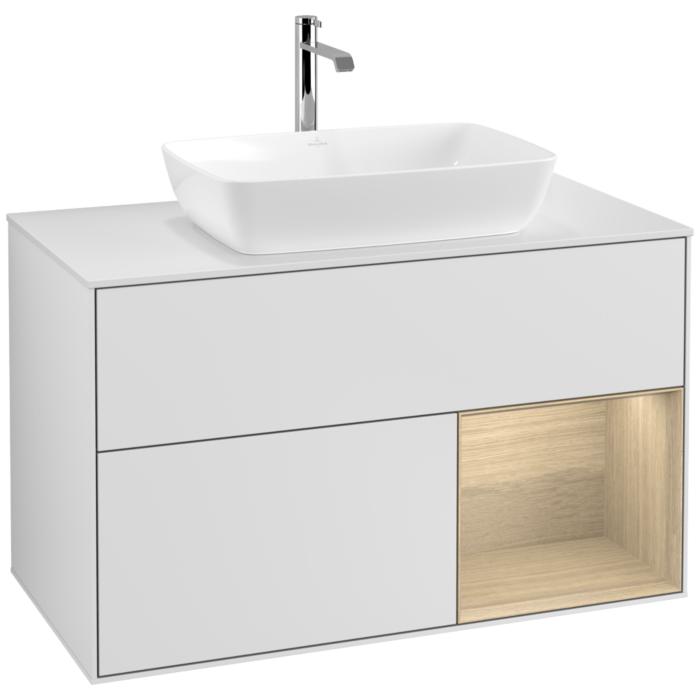 Villeroy Und Boch Finion Waschtischunterschrank F781PCMT 100Cm, Abdeckplatte White Matt, Regale Oak Veneer, White Matt Lacquer