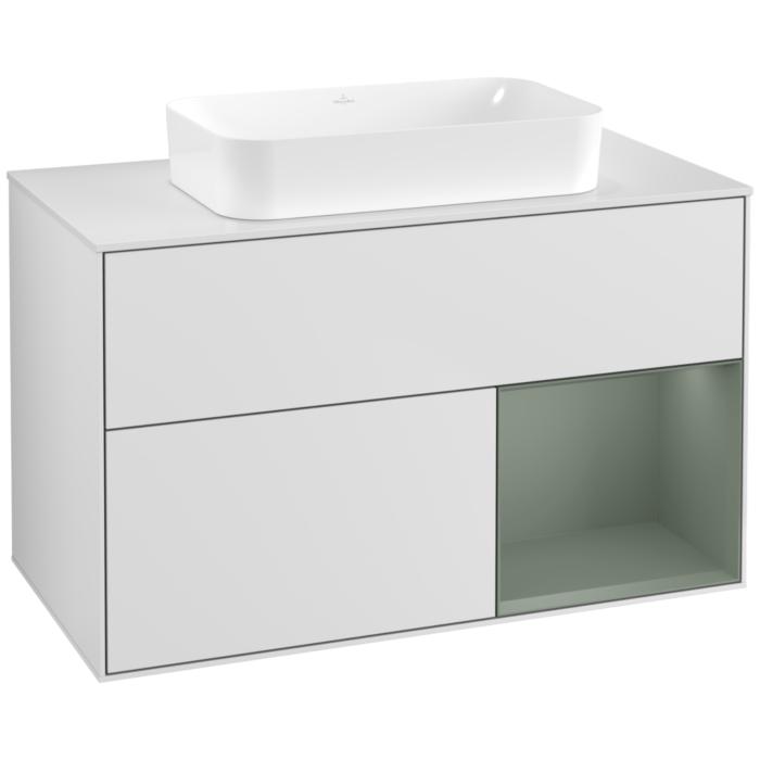 Villeroy Und Boch Finion Waschtischunterschrank G661GMMT 100X60,3X50,1Cm, Regal Rechts Olive Matt Lacquer, White Matt Lacquer