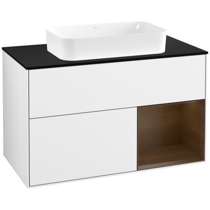 Villeroy Und Boch Finion Waschtischunterschrank F662GNGF 100X60,3X50,1Cm, Regal Rechts Walnut Veneer, Glossy White Lacquer