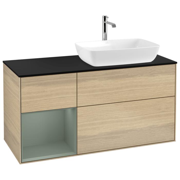 Villeroy Und Boch Finion Waschtischunterschrank G802GMPC 120Cm, Abdeckplatte Black Matt, Emotion, Regale Olive Matt Lacquer, Oak Veneer