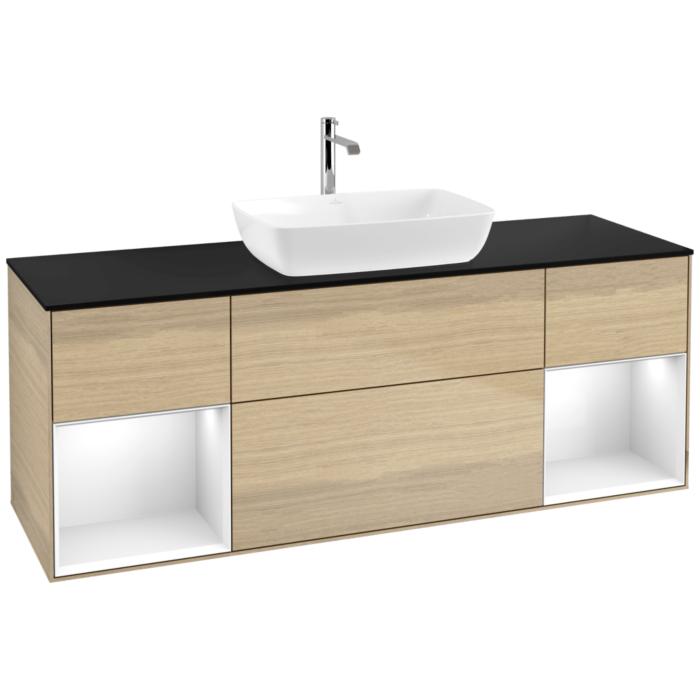 Villeroy Und Boch Finion Waschtischunterschrank F862GFPC 160Cm, Abdeckplatte Black Matt, Regale Glossy White Lacquer, Oak Veneer
